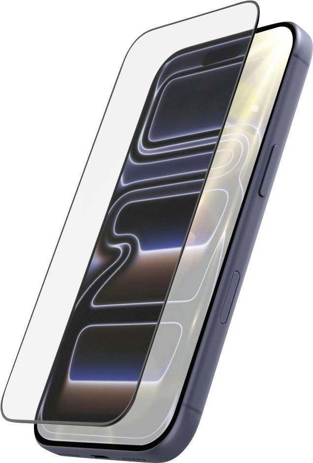 Ein Smartphone mit einer klaren Schutzfolie auf weißem Hintergrund, shown in angled close-up.