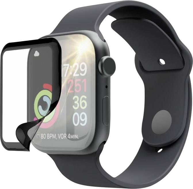 Smartwatch mit schwarzem Armband und angebrachtem Displayschutz, dargestellt in einem produktgestalteten Bild auf weißem Hintergrund.