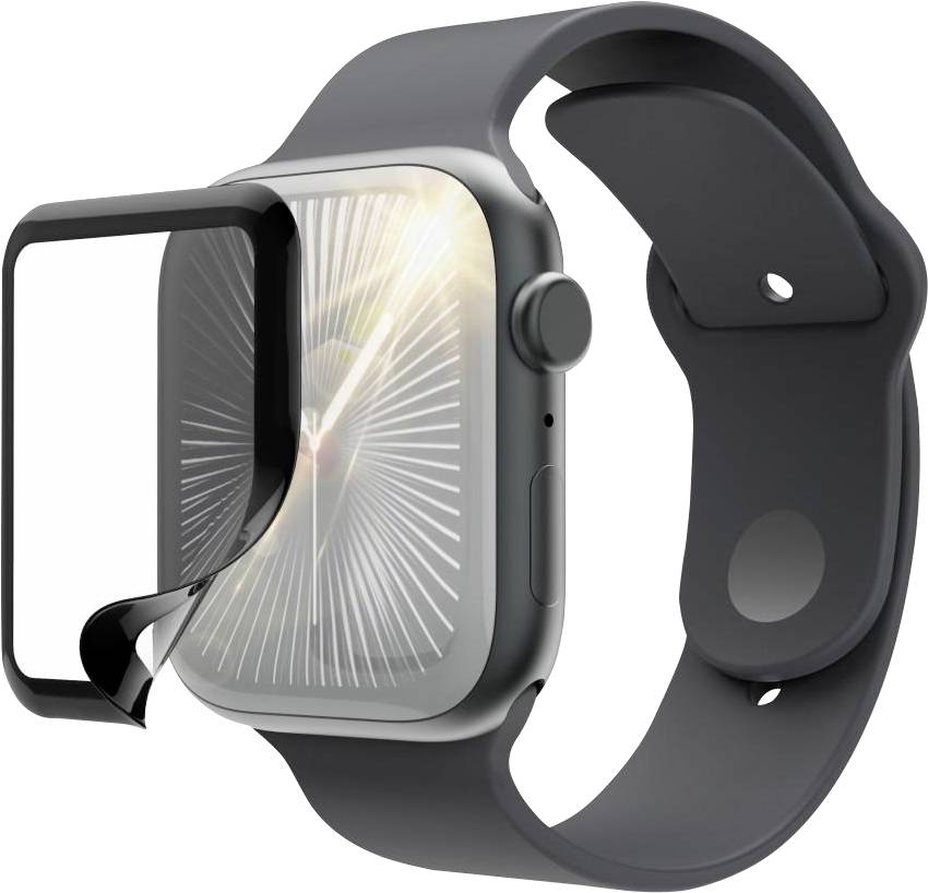 Schwarze Smartwatch mit teilweise abgelöstem Displayschutz oder Schutzfolie, die das darunter liegende Display freilegt.