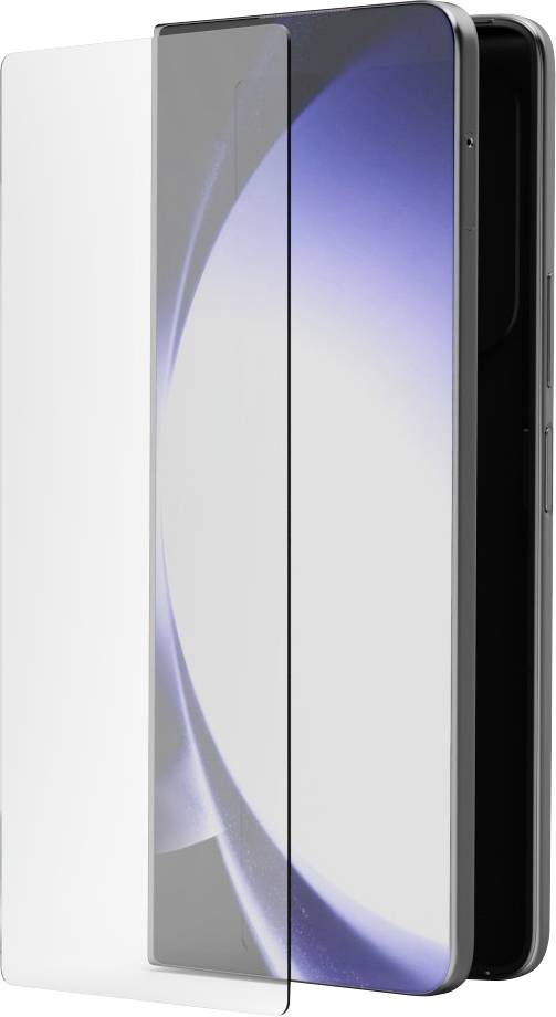 Drei Smartphones nebeneinander angeordnet, wobei das vordere Telefon eine blaugraue abstrakte Bildschirmhintergrund anzeigt und zwei Telefone teilweise dahinter sichtbar sind.