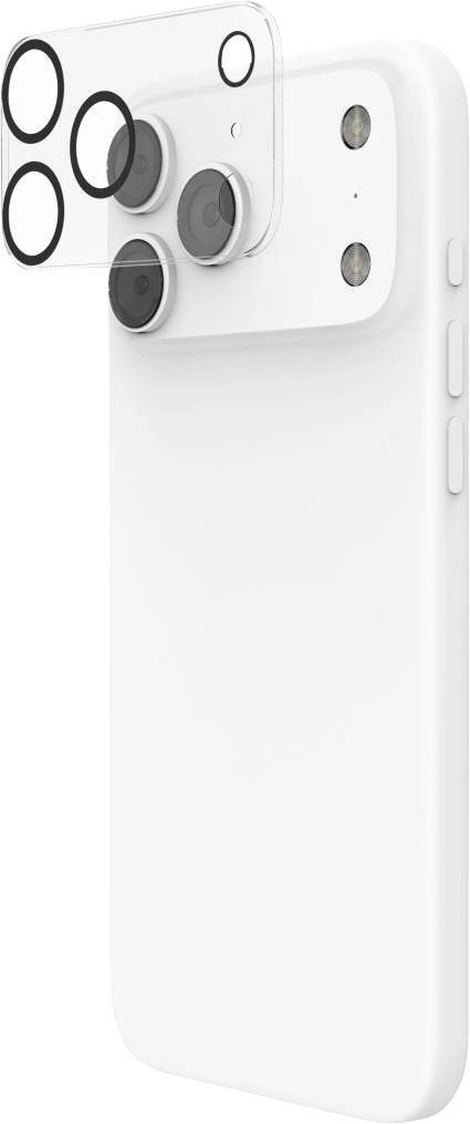 Weißes Smartphone von hinten gezeigt mit einem großen erhöhten Triple-Kamera-Modul und Blitz in der oberen linken Ecke.