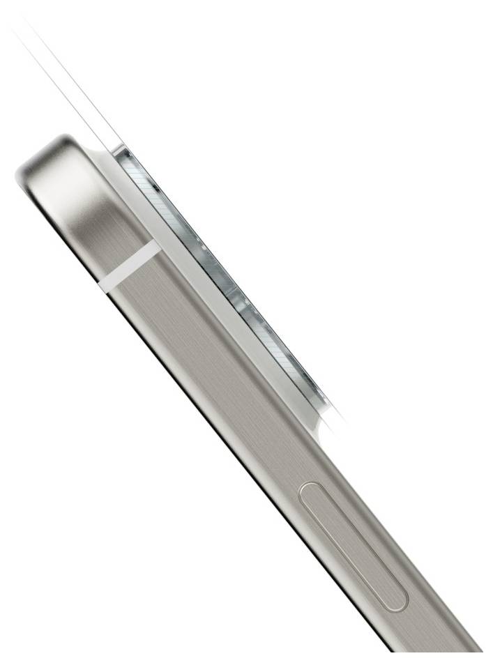 Seitenansicht eines silbernen Smartphones, das seine dünne Metallkante und die Seitentaste vor einem einfachen weißen Hintergrund zeigt.