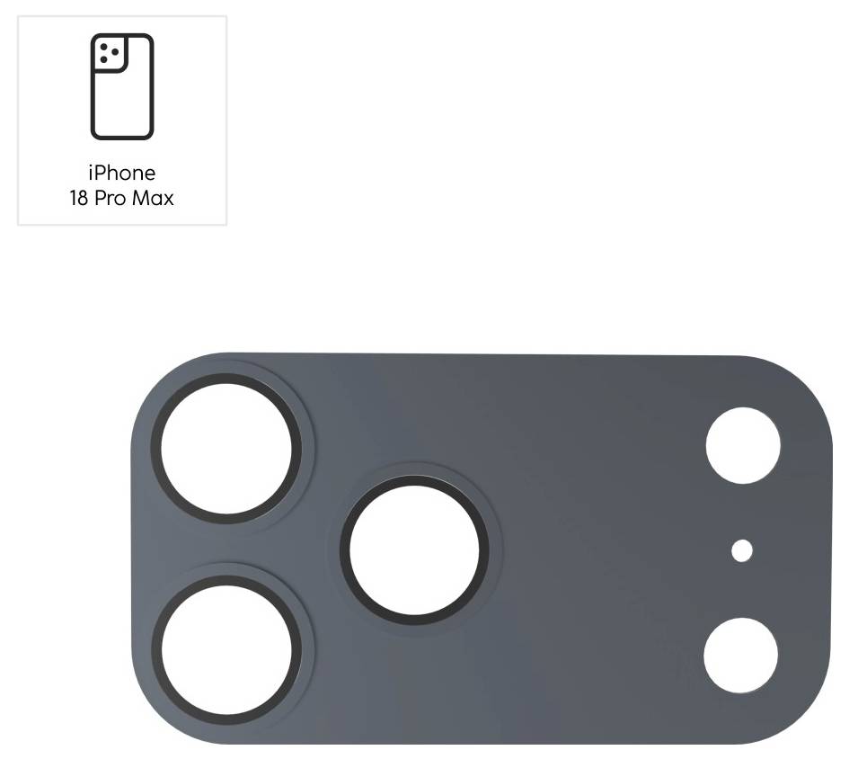 iPhone 18 Pro Max Kamera-Layout-Vorlage mit drei großen Linsenausschnitten und zwei kleineren Öffnungen auf einem dunkelgrauen Rechteck mit abgerundeten Ecken, mit einem kleinen Inset-Symbol und einer Beschriftung.