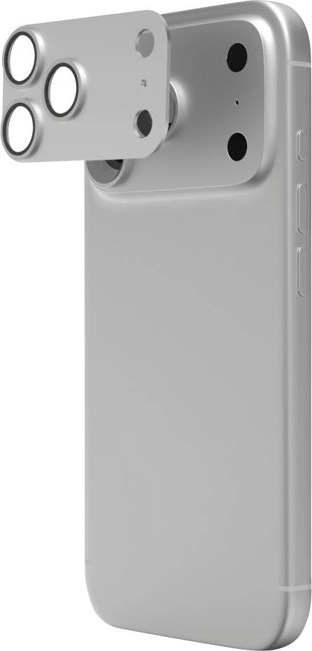 Ein silbernes Smartphone mit einem rechteckigen Kameramodul, das oben links hervorsteht und zwei große Objektive sowie einen kleinen Blitz/Sensor zeigt.