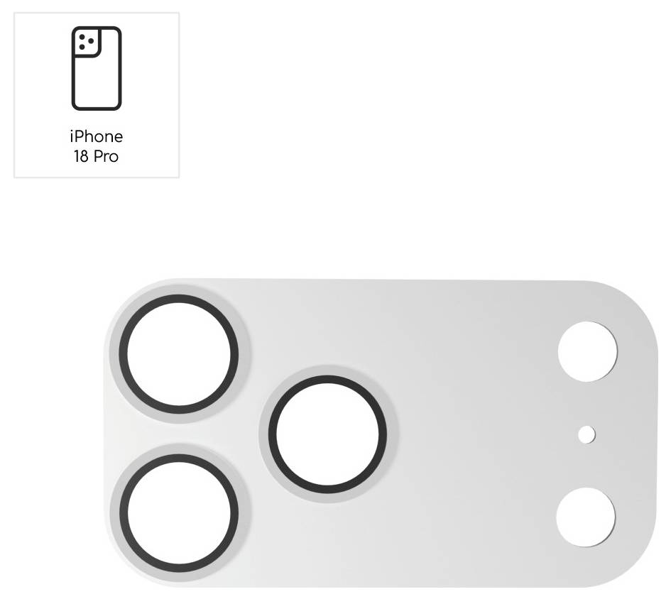 Diagramm eines iPhone 18 Pro Kamera-Layouts mit drei großen Linsen auf einem rechteckigen Modul und zwei kleineren kreisförmigen Öffnungen auf der rechten Seite.