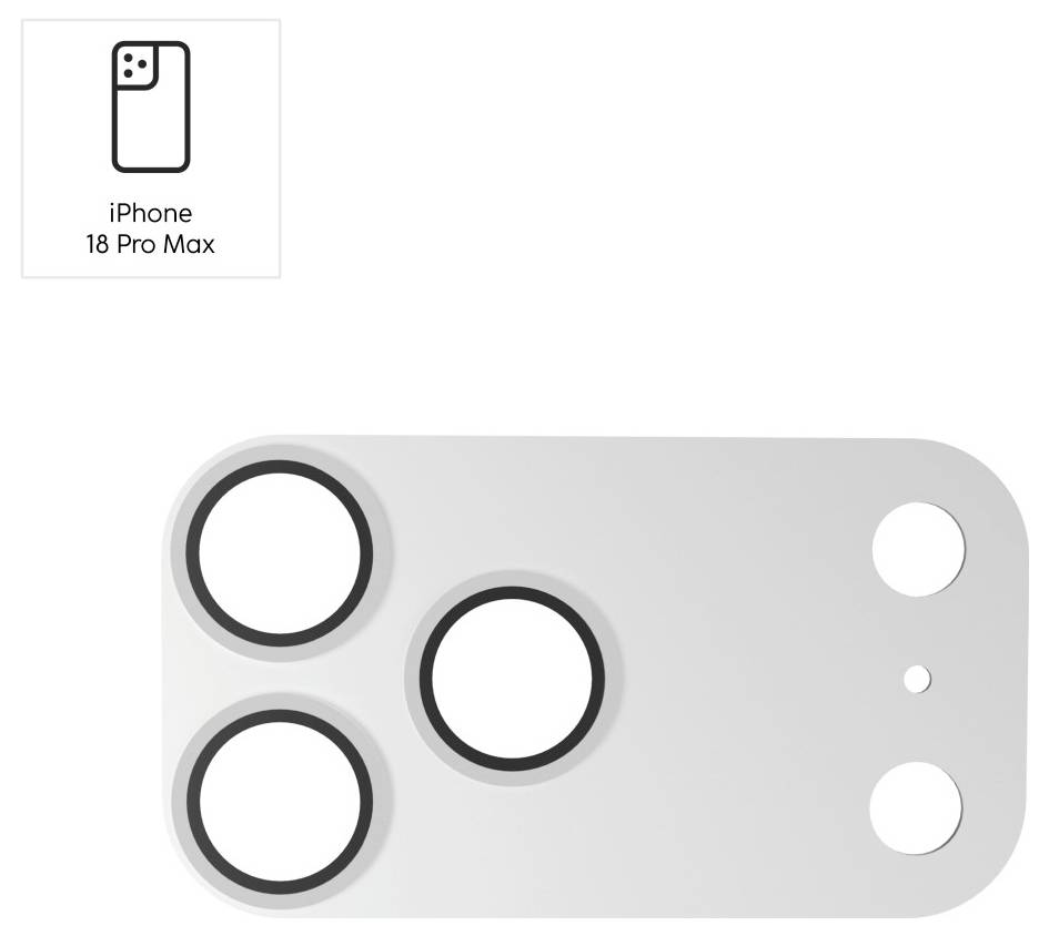 Diagramm eines iPhone 18 Pro Max Rückkamera-Moduls mit drei großen Objektiven und zwei kleinen Sensoren auf einer abgerundeten rechteckigen Platte.
