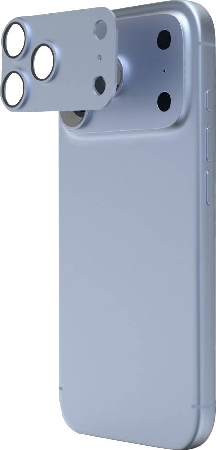 Hellblaues Smartphone mit einem hervorstehenden Triple-Kamera-Modul auf der Rückseite, in Großaufnahme vor weißem Hintergrund dargestellt.