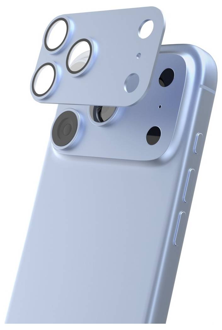 Blaues Smartphone, von hinten gezeigt, mit einem erhobenen, abnehmbaren Dreifach-Kameramodul, das darüber schwebt.