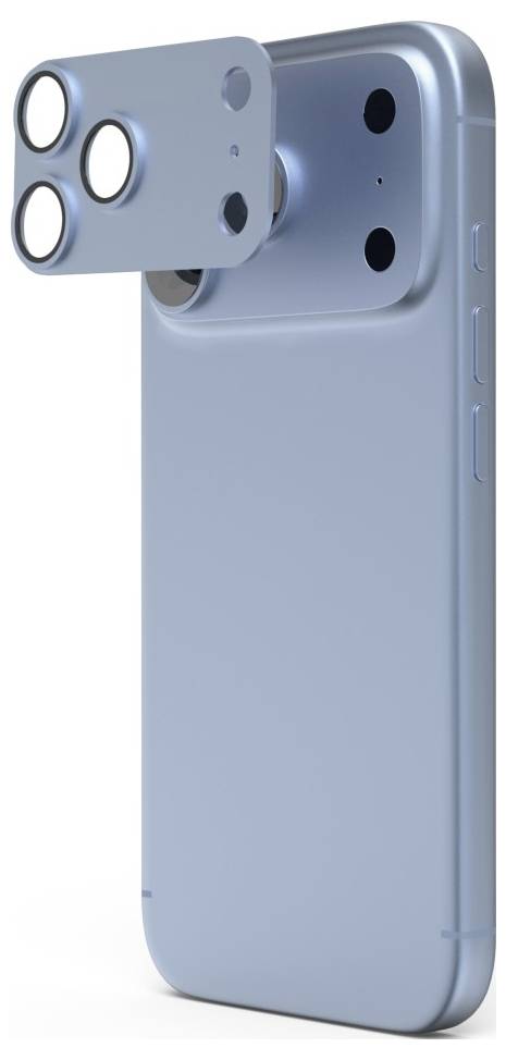 Blaues Smartphone mit einem ausfahrbarem Triple-Kamera-Modul oben links, das ein Konzeptdesign mit mehreren rückwärtigen Linsen zeigt.