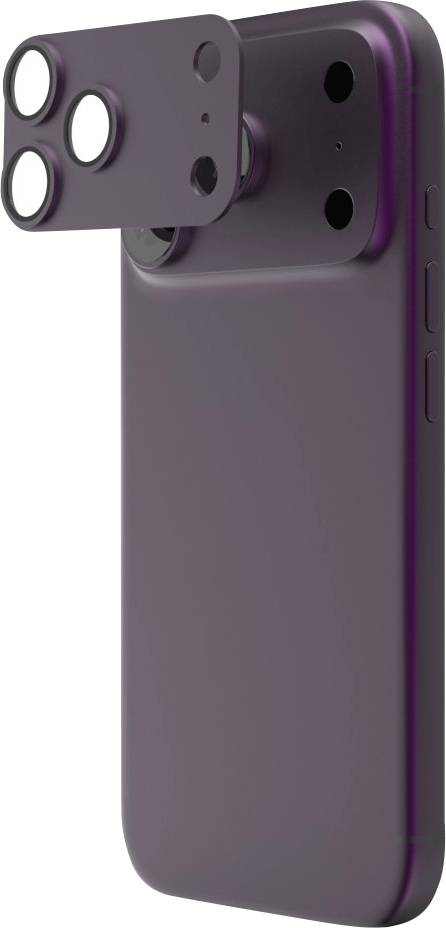 Lila Smartphone mit hervorstehendem Triple-Kamera-Modul auf der Rückseite, in Nahaufnahme vor weißem Hintergrund dargestellt.