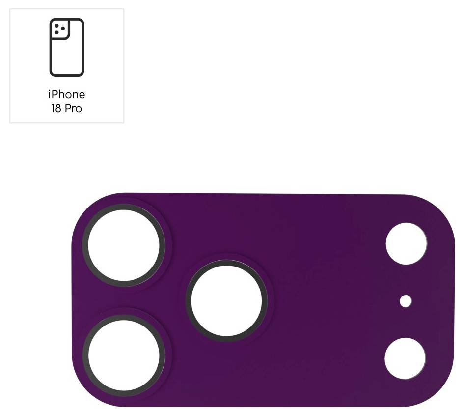 Violetter iPhone 18 Pro Kameraobjektivschutz mit drei großen Objektivausschnitten und zwei kleineren Öffnungen, dargestellt mit einem kleinen Labeletikett in der Ecke.