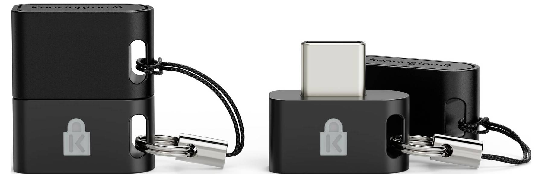 Zwei schwarze Kensington USB-C-Sperren in verschiedenen Konfigurationen dargestellt, mit Schlaufenkabeln und silbernen Schlossköpfen, die an einem Laptop-Anschluss befestigt sind.
