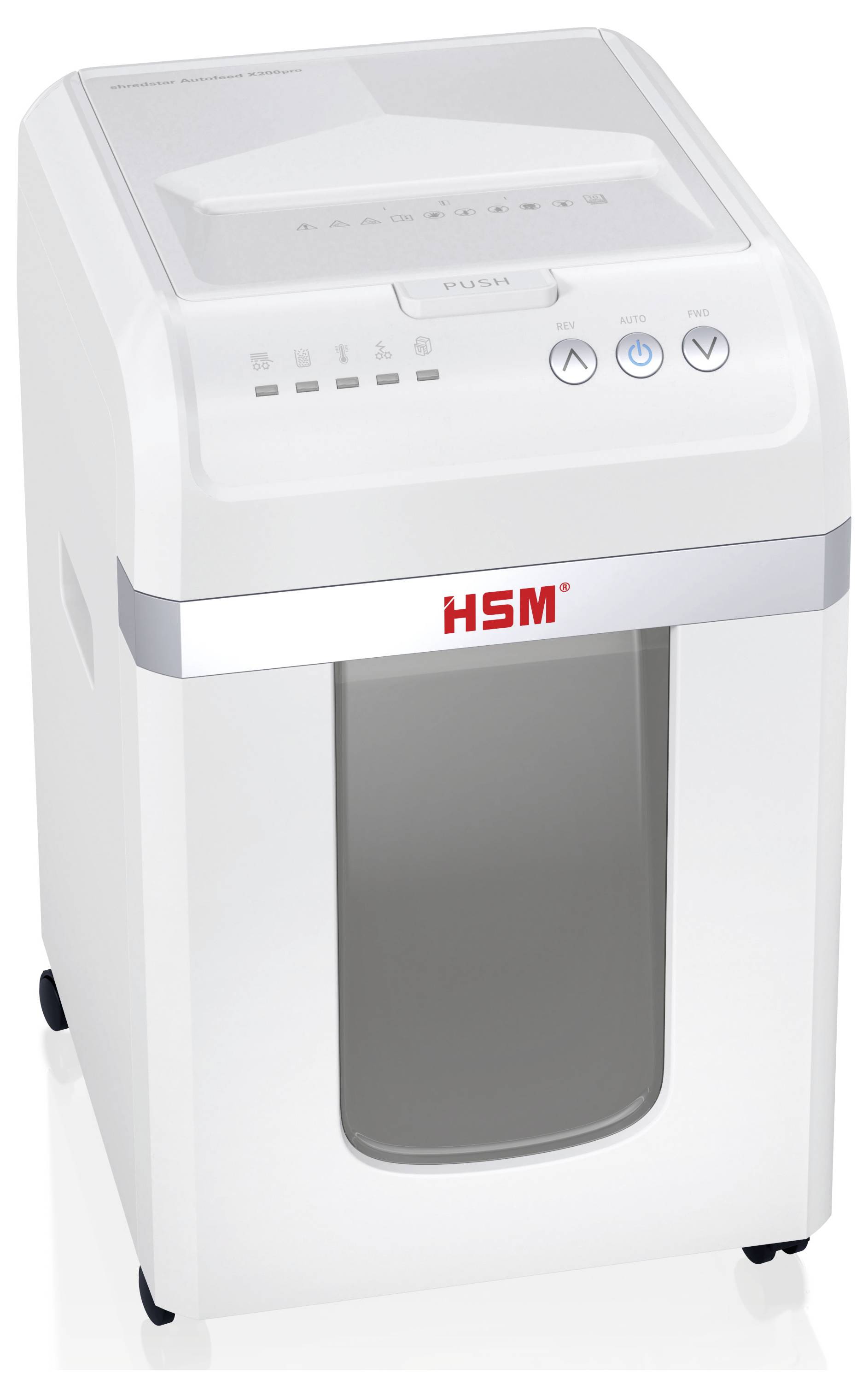 Weißer HSM-Papierschredder mit Bedienfeld oben, Ein-/Aus- und Rückwärtsschaltern sowie Sichtfenster des vorderen Abfallbehälters auf Rollen.