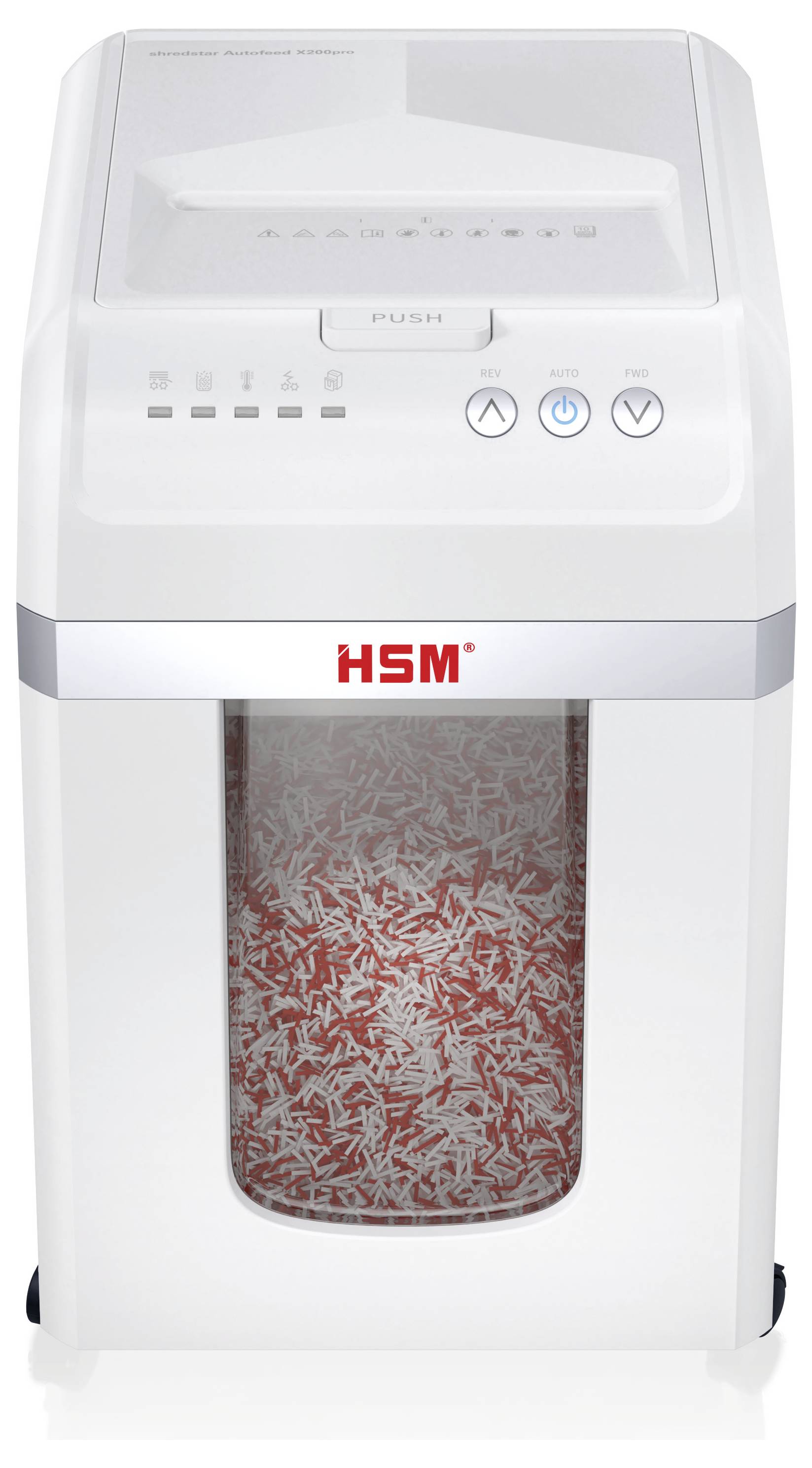 Weißer HSM-Papierschredder mit Frontansichtsfenster, das geschreddertes Papier zeigt, und Steuerungstasten oben, fotografiert auf weißem Hintergrund.