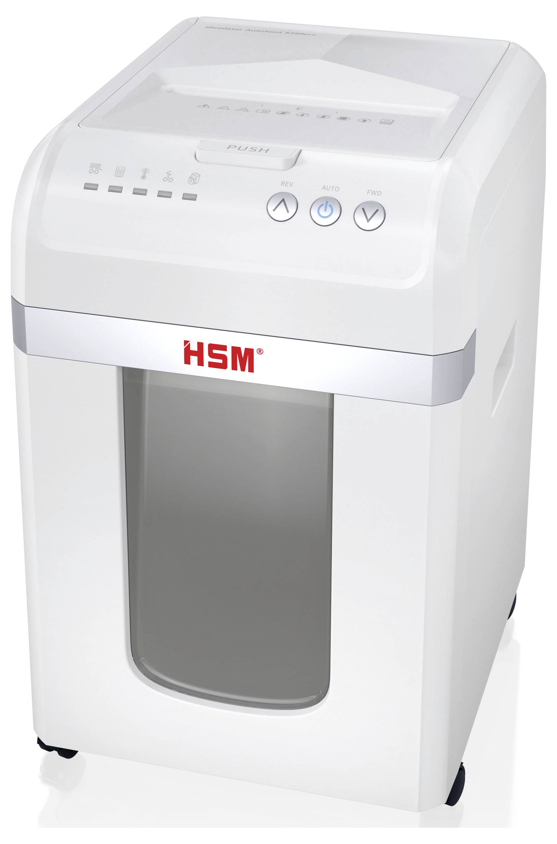 Weißer HSM-Papierschredder mit frontseitigem Sichtfenster und Bedienungstasten oben, dargestellt in der Produktansicht.