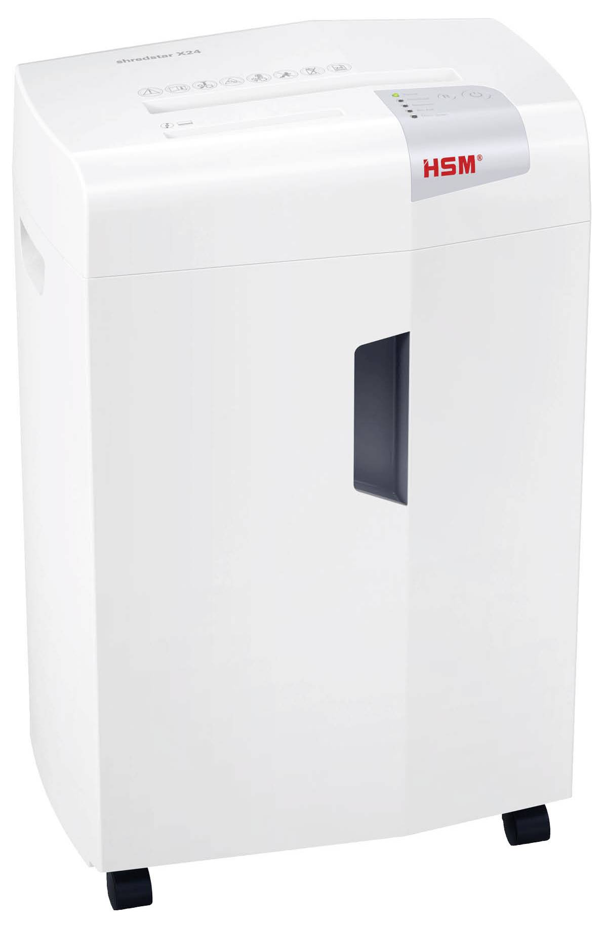 Weißer HSM-Papierschredder mit Bedienfeld oben, Sichtfenster vorne und Rollen, vor neutralem Hintergrund.