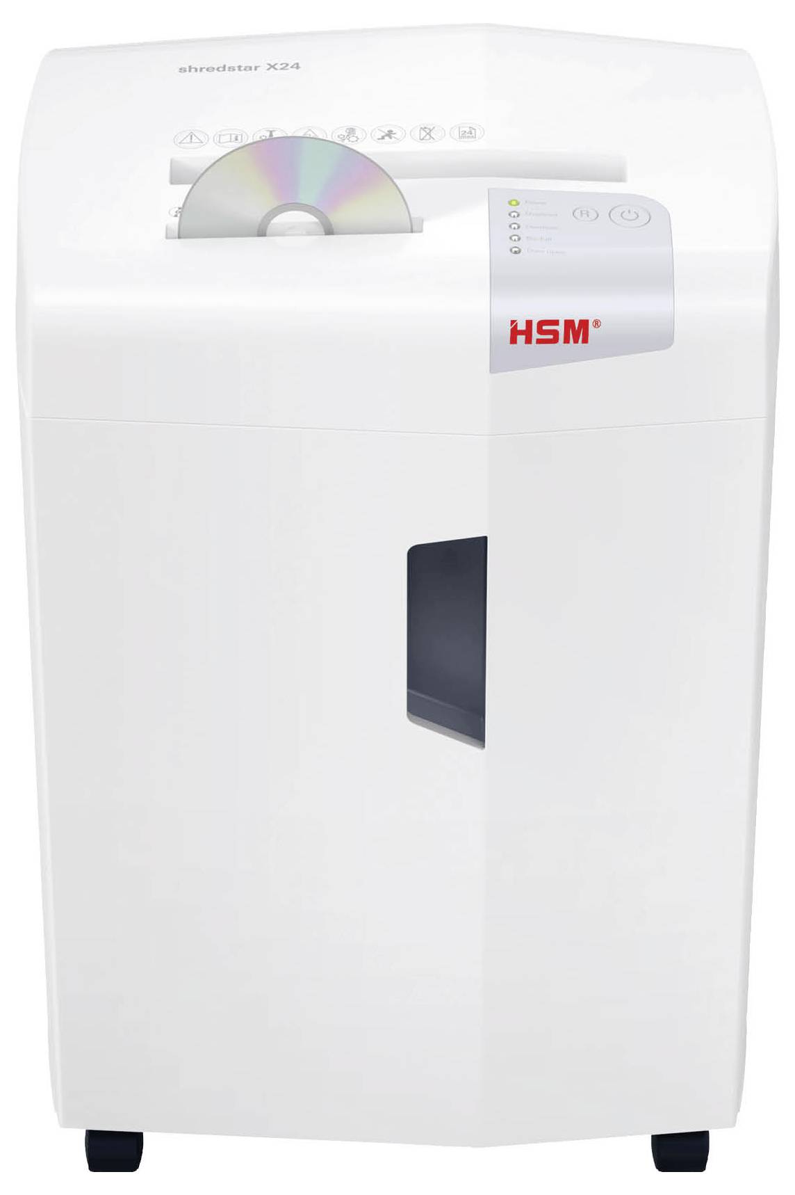 Weißer HSM-Papierschredder mit oberer Einzugsöffnung, Bedienfeld und Frontfenster, dargestellt vor einem neutralen Hintergrund.