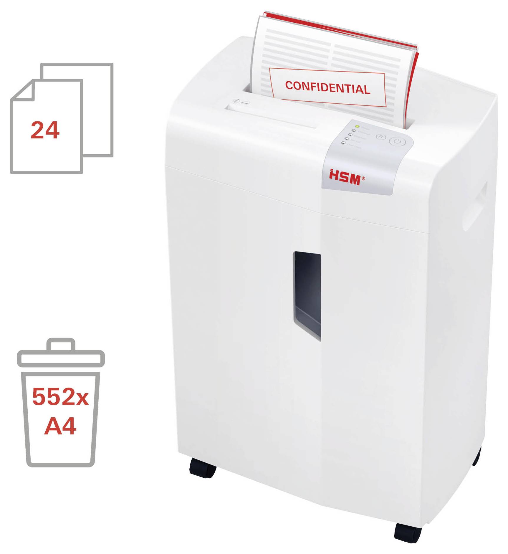 Weißer HSM-Aktenvernichter mit eingefüttertem "VERTRAULICH"-Dokument; Symbole zeigen eine Kapazität von 24 Blatt und einen 552x A4 Auffangbehälter.