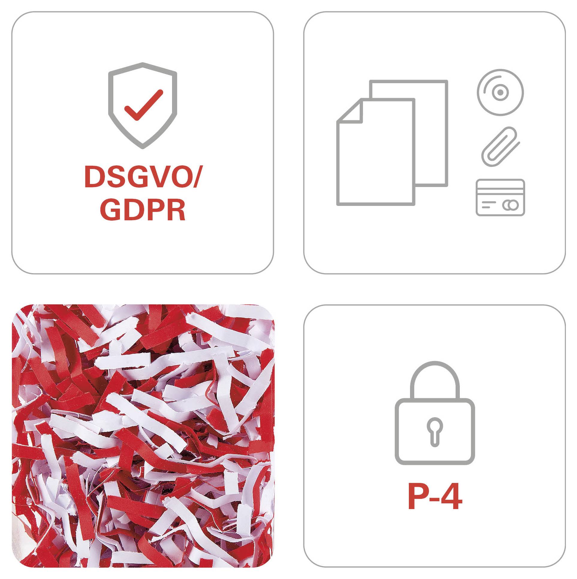 Vier-Panel-Grafik: DSGVO-Compliance-Schild, Dokument- und Datensymbole, zerrissenes Papier und ein Schloss mit der Bezeichnung „P-4".