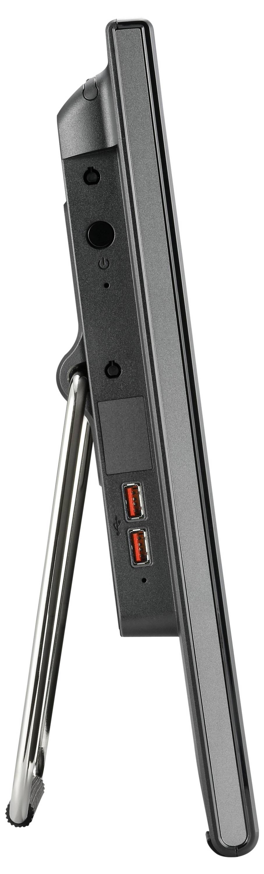 Seitenansicht eines schwarzen, faltbaren digitalen Geräts auf einem Ständer mit zwei kleinen roten Anzeigelichtern auf der Seite.