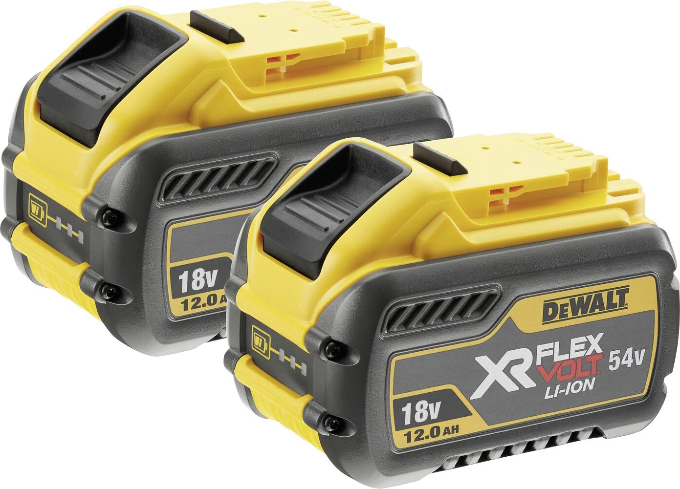 Zwei DEWALT-Akkus für kabellose Elektrowerkzeuge, einer mit der Bezeichnung „18V 12,0Ah