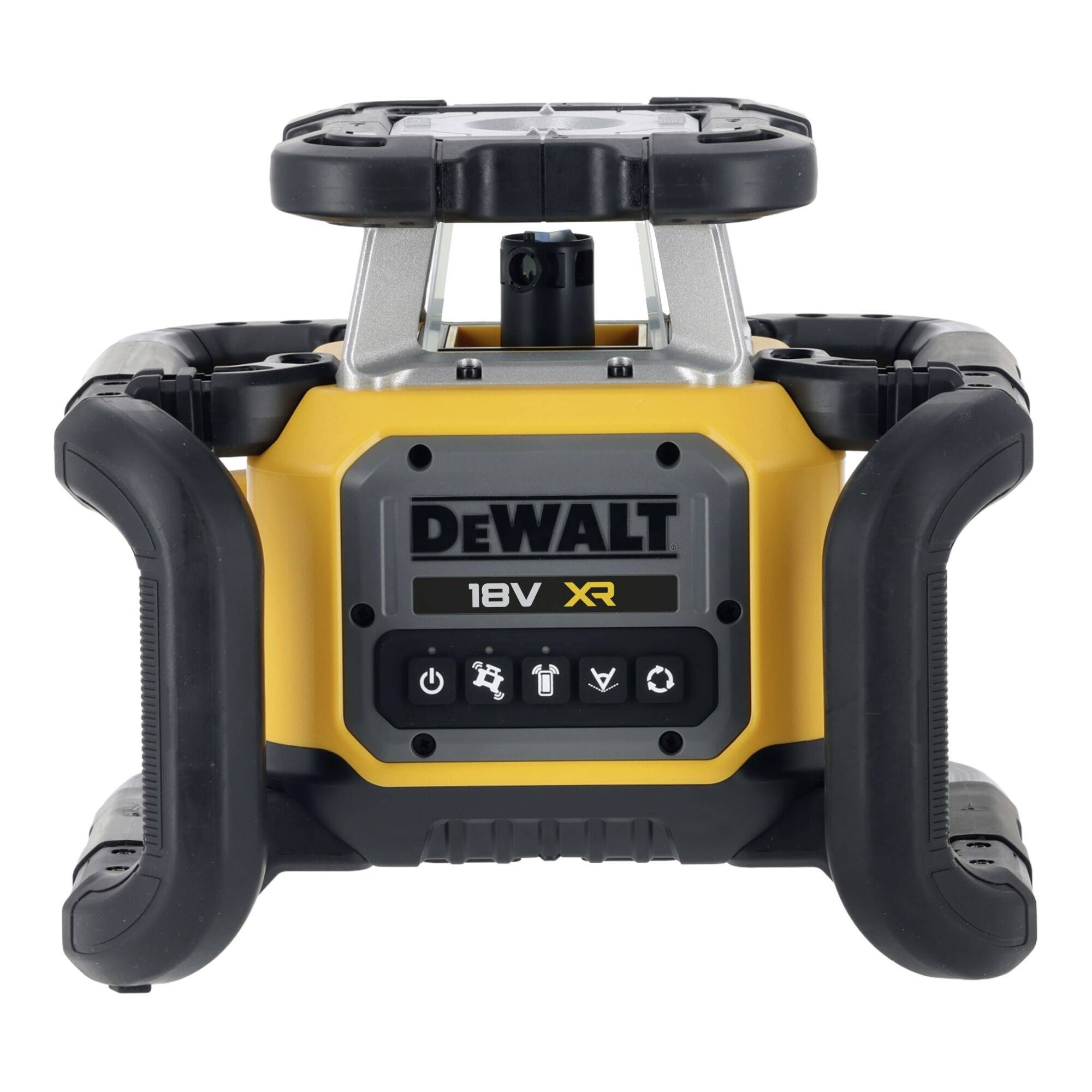 DEWALT 18V XR Cordless Jobsite-Lautsprecher mit robustem schwarz-gelbem Gehäuse und oberem Tragegriff, Vorderansicht auf weißem Hintergrund.