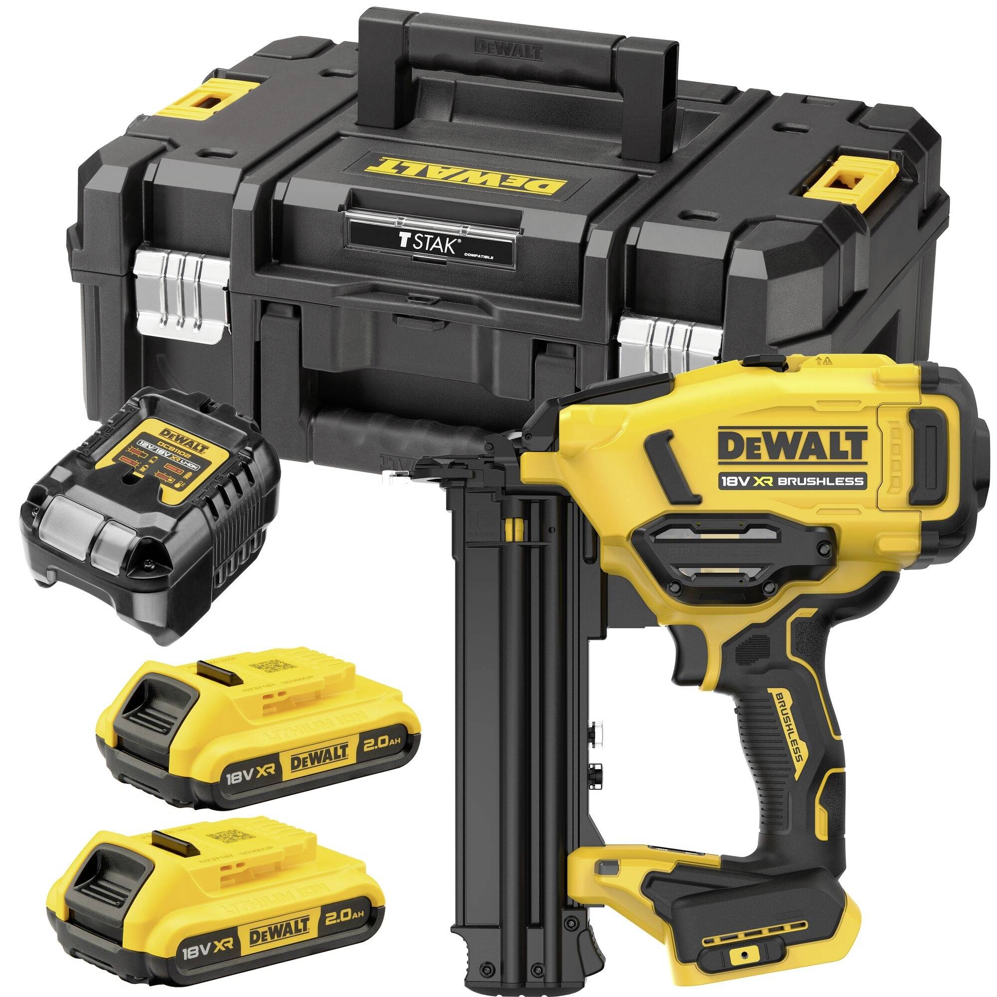 DeWalt Akku-Nagler-Set mit Transportkoffer, 18V XR bürstenloser Nagler, Ladegerät, Akku und zwei 18V Akkus.