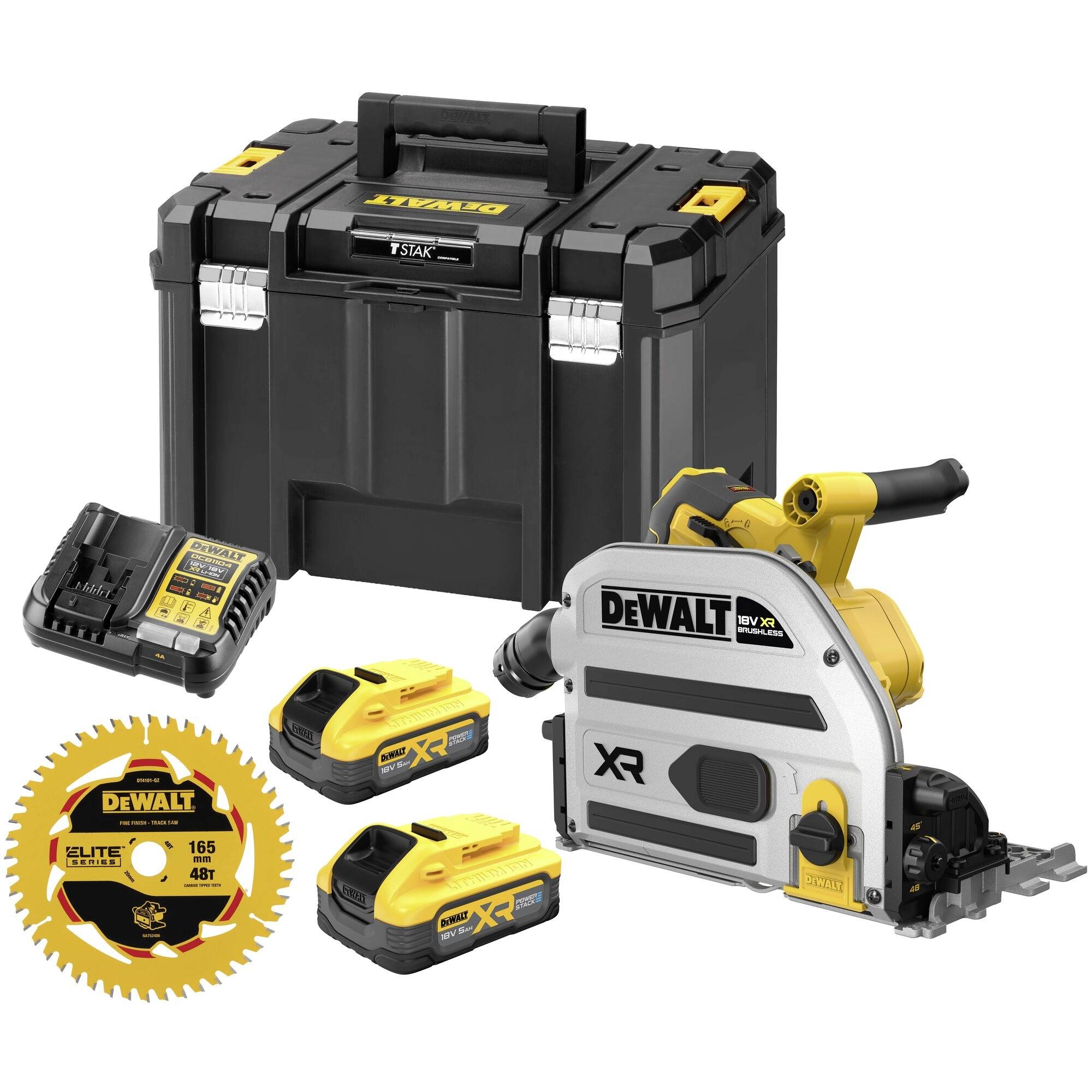 DEWALT Akku-Kreissägen-Set mit Tragetasche, Ladegerät, zwei Akkus und Sägeblatt auf weißem Hintergrund.