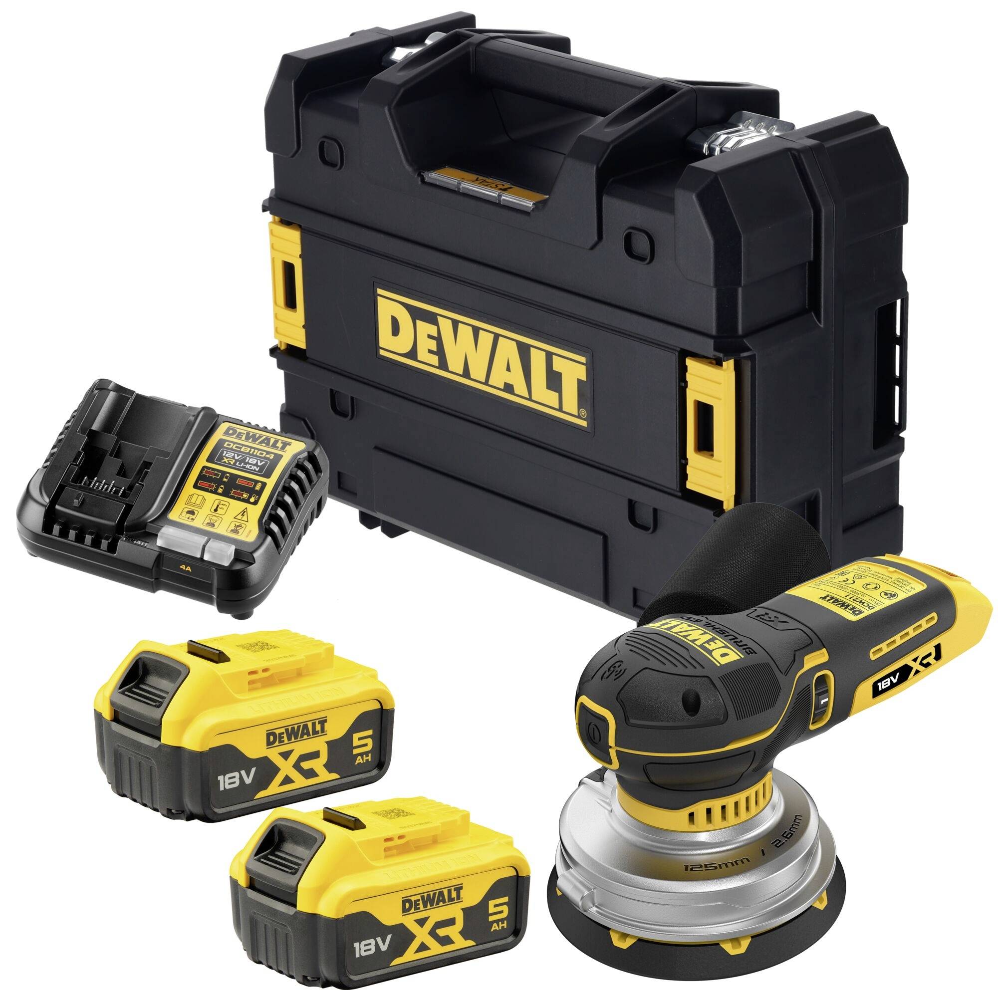 DeWalt Akku-Schleifer-Set mit Werkzeugkoffer, Ladegerät und zwei 18V XR Akkus auf weißem Hintergrund.