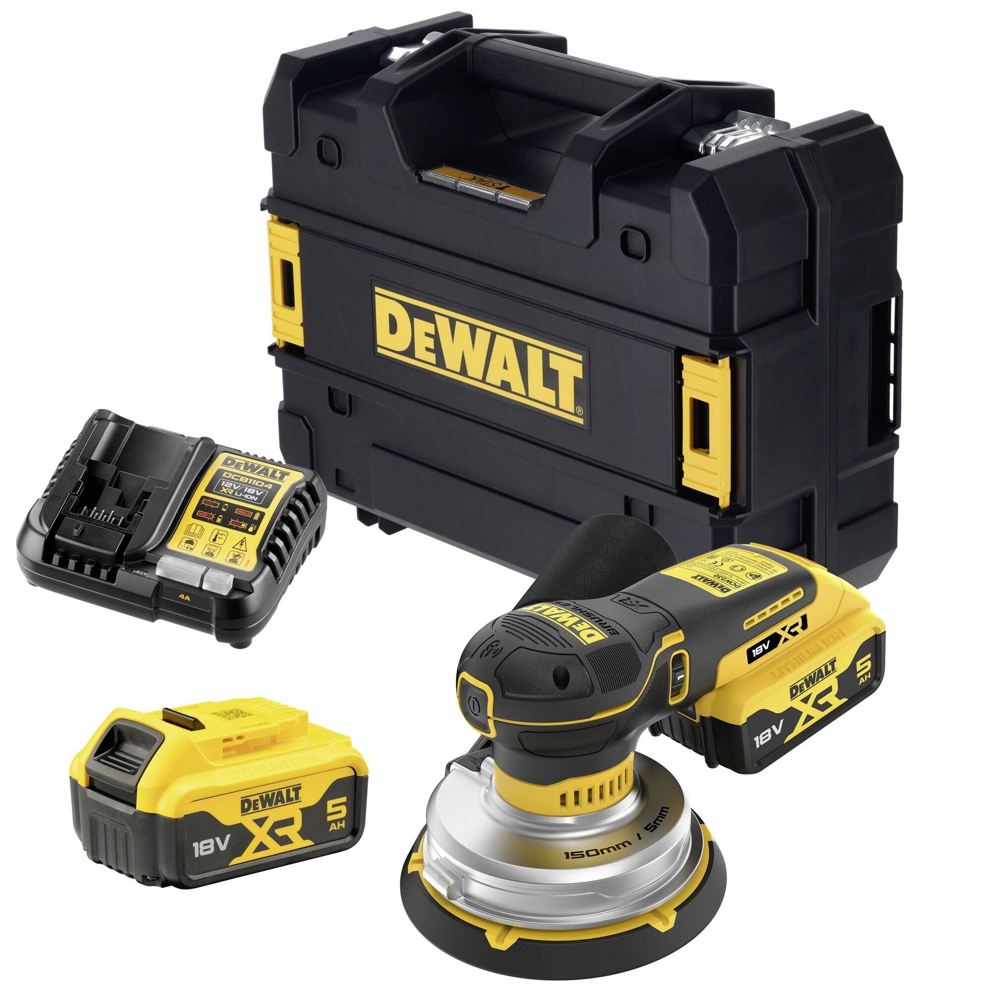DEWALT Cordless-Werkzeugsatz mit Transportkoffer, Ladegerät, 18-V-Akku und einem gelb-schwarzen Elektroschleiffer mit Exzenterbewegung.