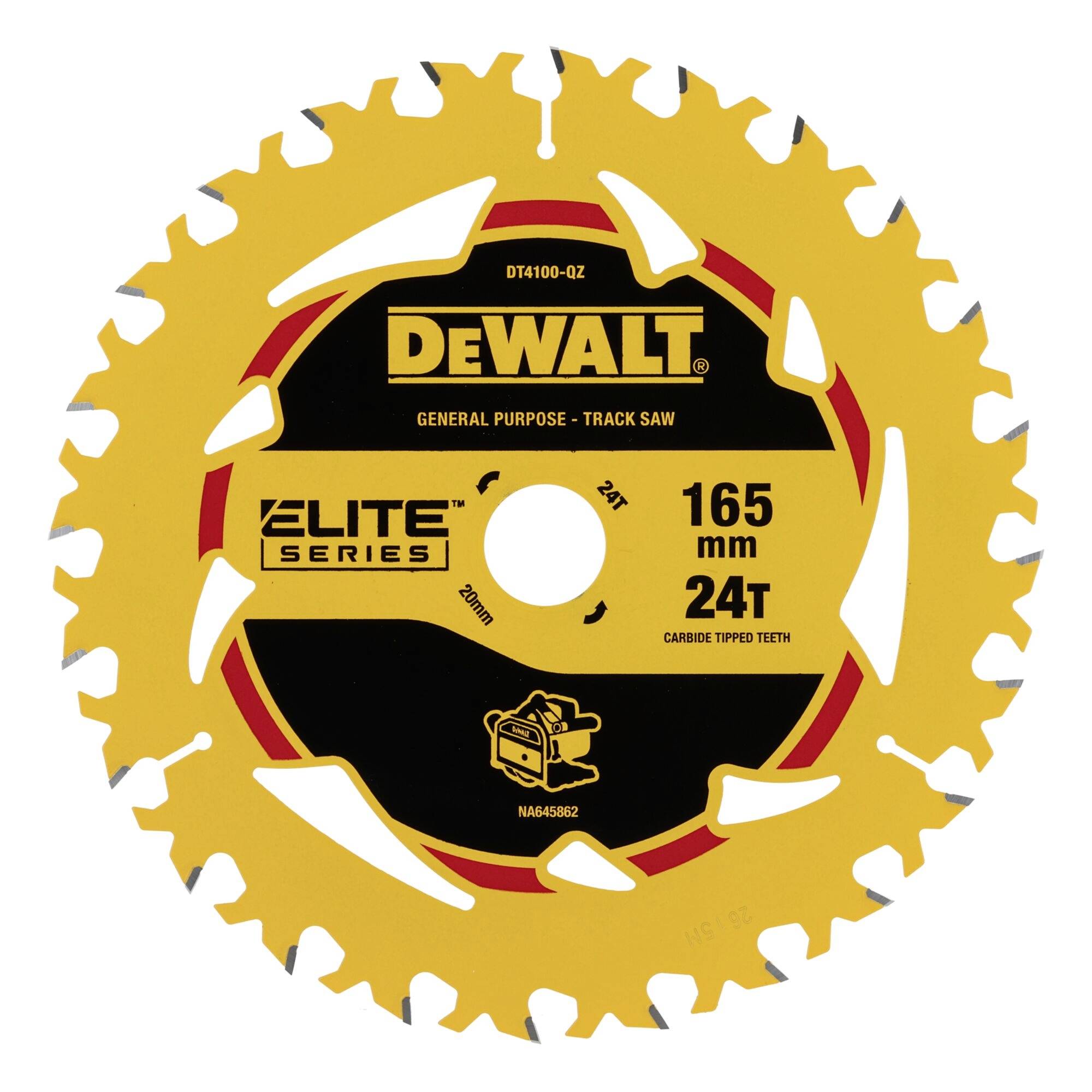 Bild einer DEWALT Elite Series Universalzuschnittssägeblatt, gekennzeichnet mit 165 mm und 24 hartmetallbestückten Zähnen.
