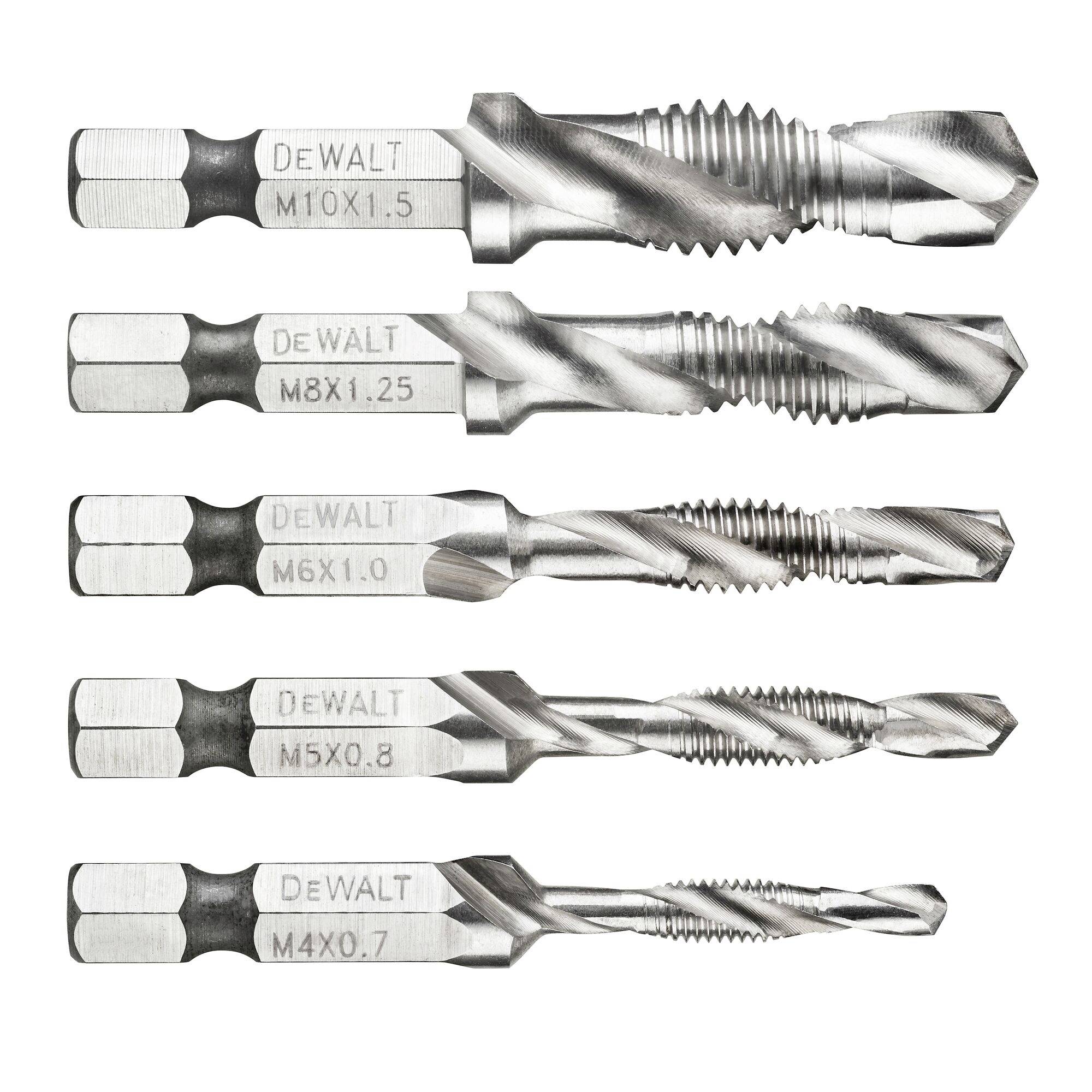 Fünf DEWALT-Spiralgewindebohrer, vertikal angeordnet, mit den Bezeichnungen M10x1,5, M8x1,25, M6x1,0, M5x0,8 und M4x0,7.