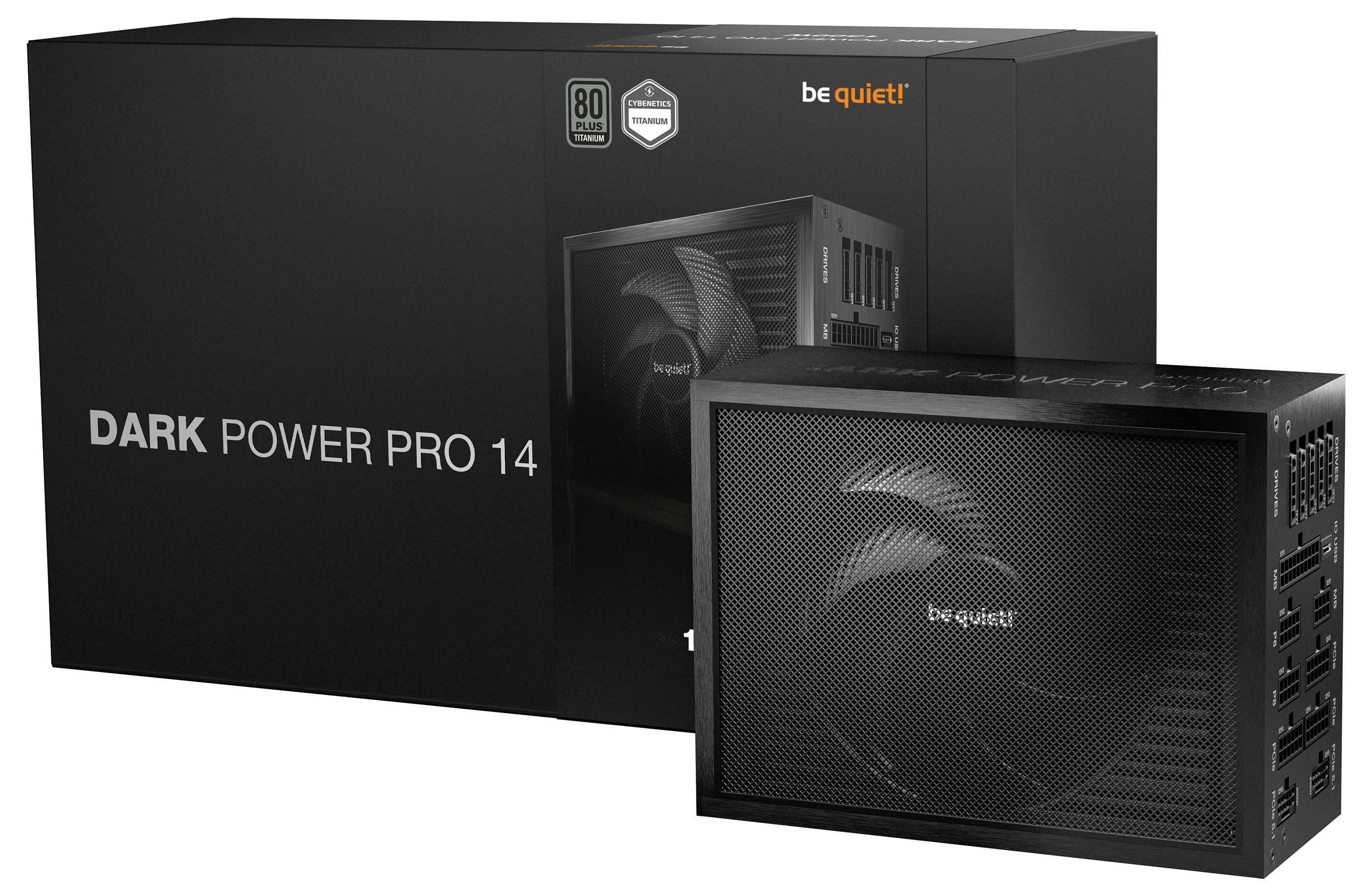 Sei ruhig! Dark Power Pro 14 Netzteil, abgebildet mit Produktbox, mit 80-Plus-Zertifizierungsabzeichen und frontaler Lüftergitter.