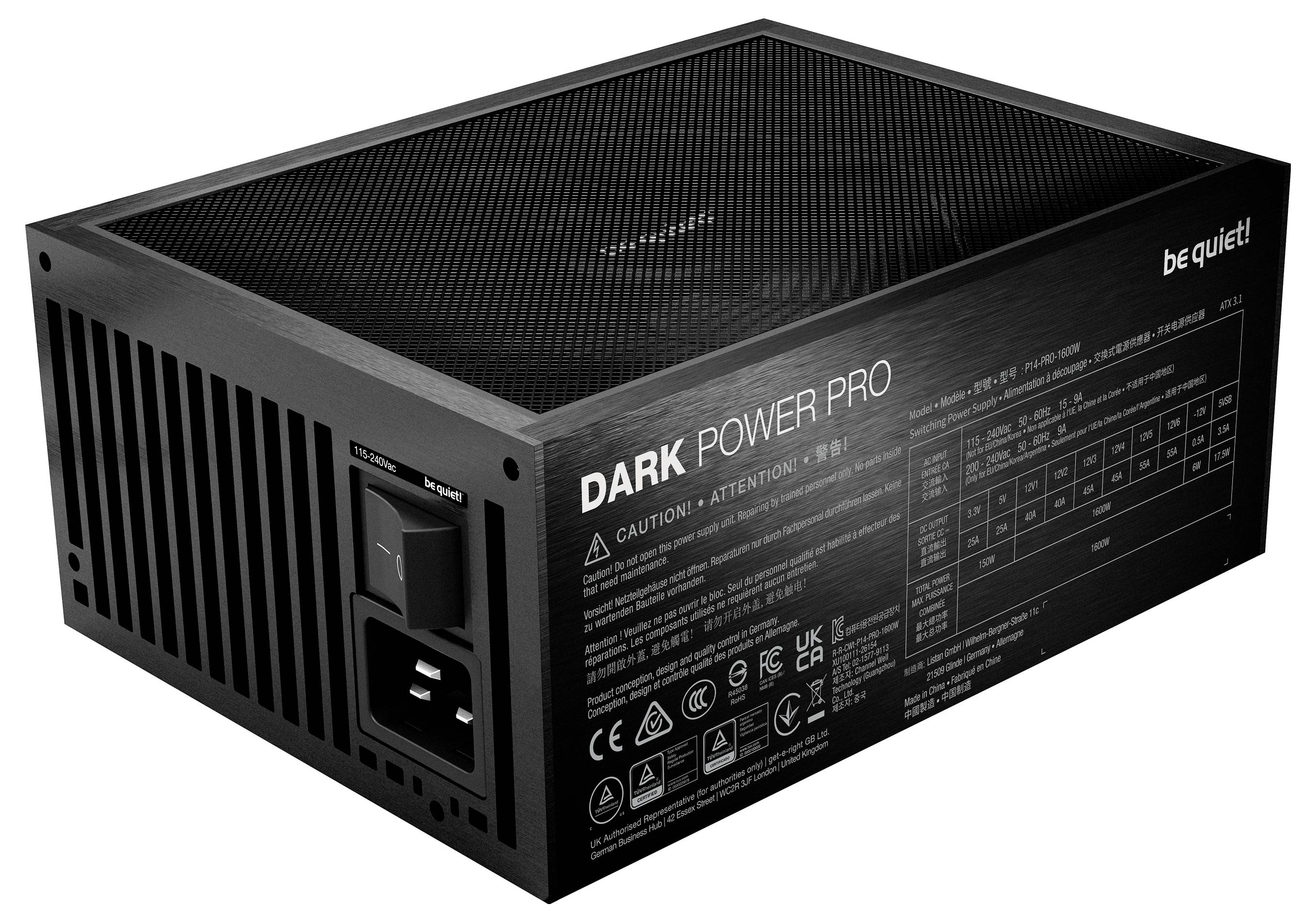 Ein be quiet! Dark Power Pro Computernetzteil, dargestellt in Schwarz mit sichtbarem Lüftungsgitter und rückwärtigem Stromschalter.