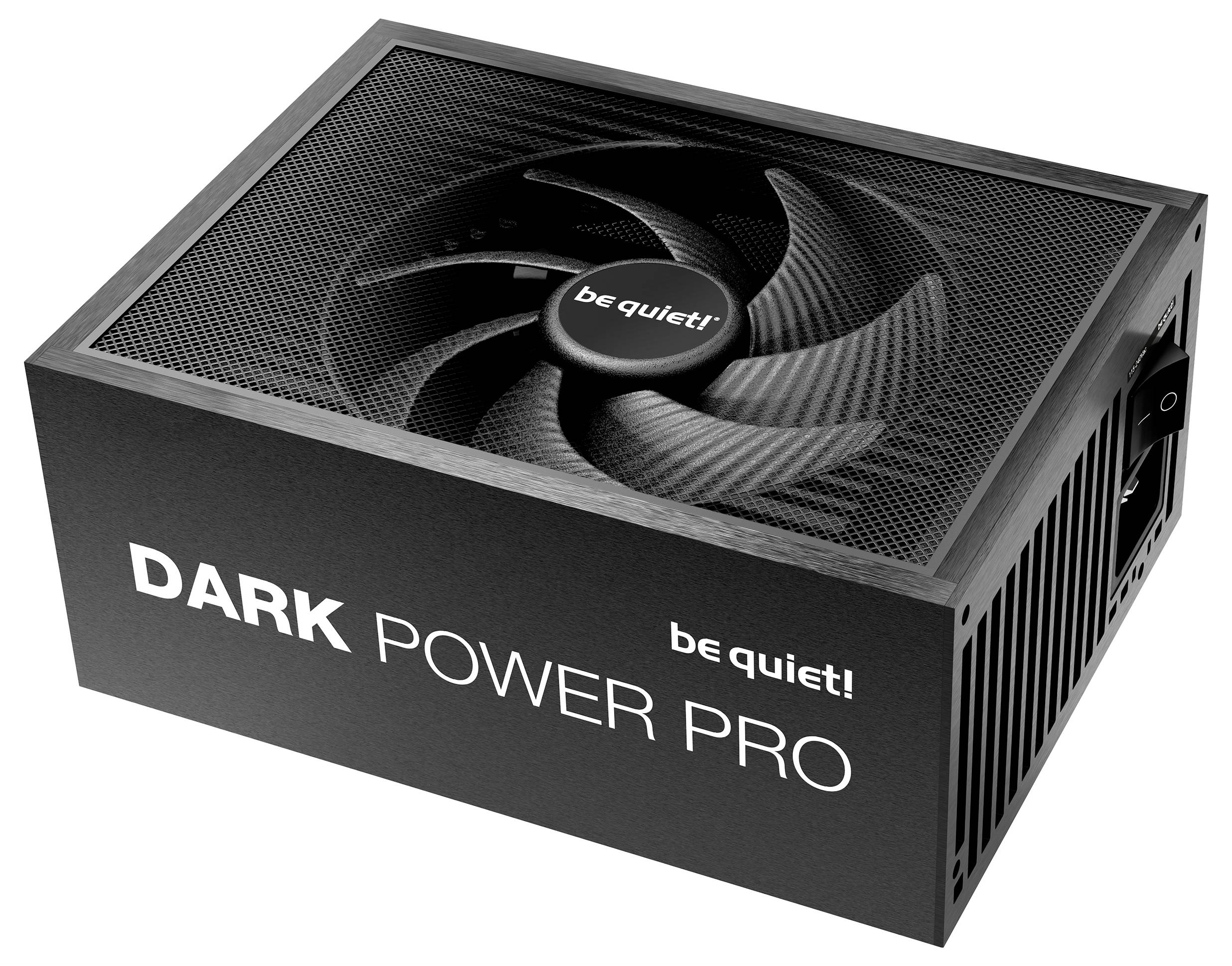 Schwarz sei ruhig! Dark Power Pro Computer-Netzteil mit obenliegendem Kühlventilator und seitlicher Markenbezeichnung.