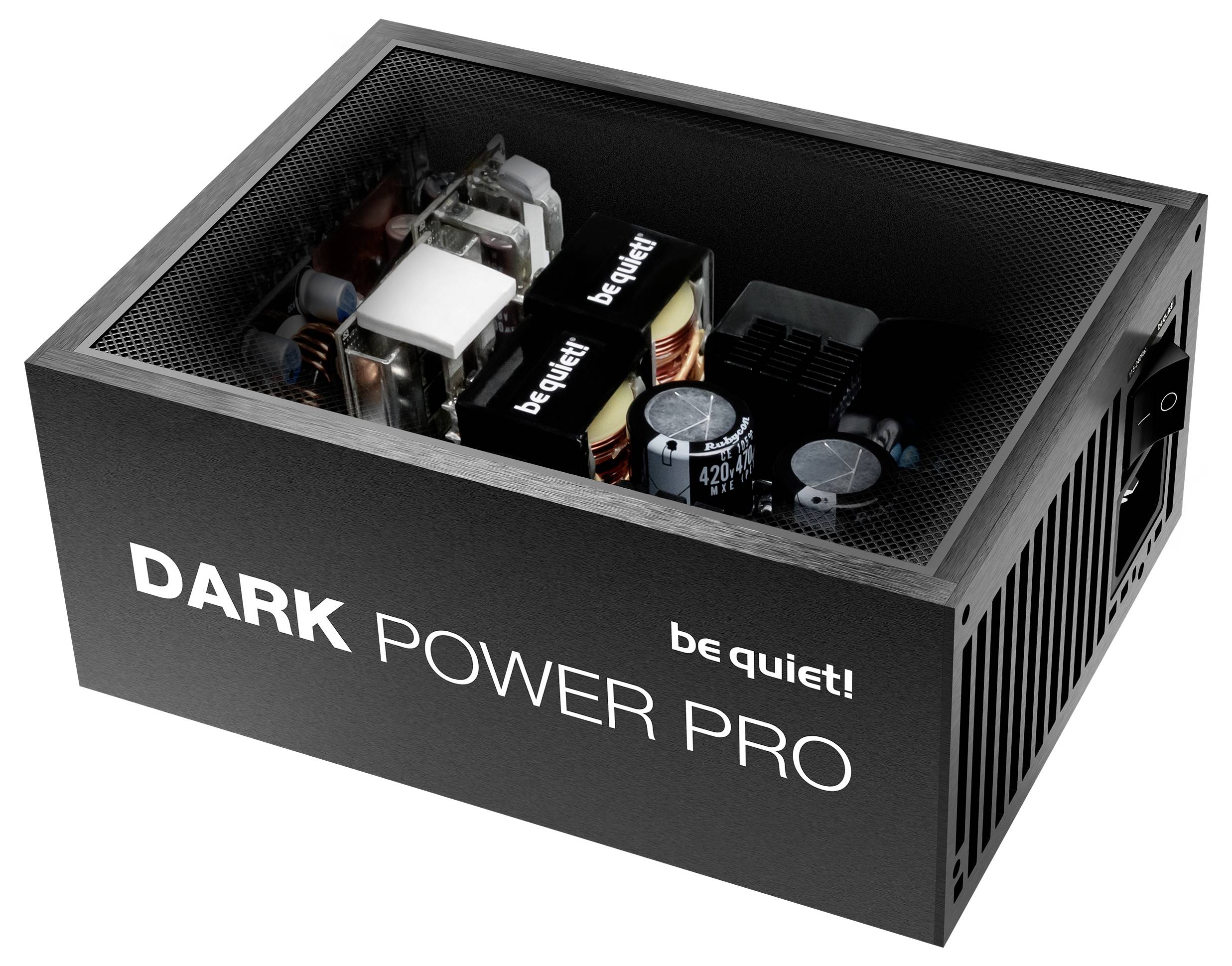 Ein be quiet! Dark Power Pro Computer-Netzteil mit schwarzem Gehäuse und sichtbaren internen Komponenten sowie Branding.
