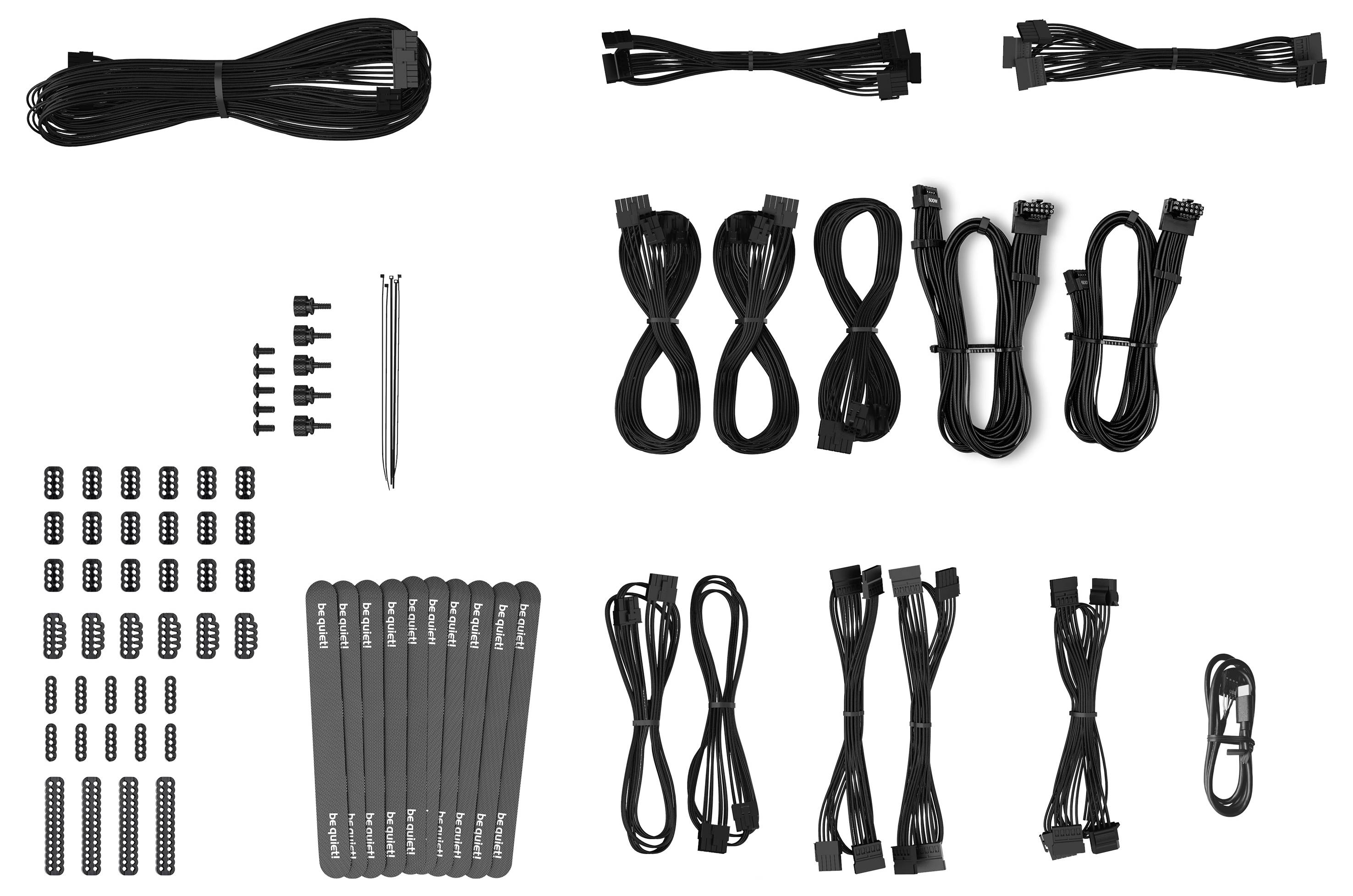 Sortierter Computer-Kabelorganizer- und Zubehör-Set, einschließlich geflochtener Kabel, Kabelbinder, Clips, Schrauben und Klebemontageteile, auf weißem Hintergrund angeordnet.