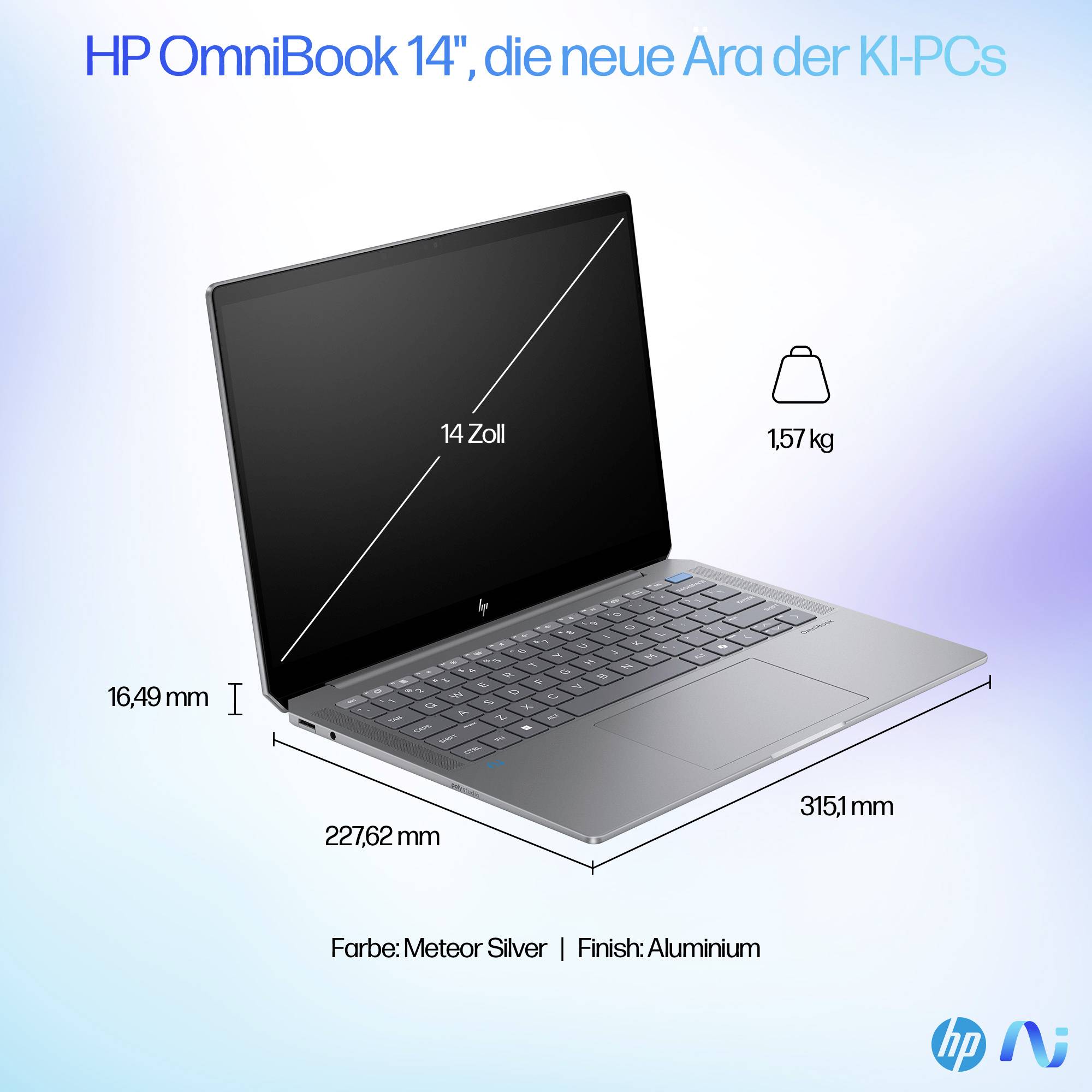 HP OmniBook 14 Laptop-Anzeige mit einem 14-Zoll-Display, 1,57 kg schwerer silberner Aluminium-AI-PC mit den Abmessungen 315,1 mm x 227,62 mm und 16,49 mm Dicke.