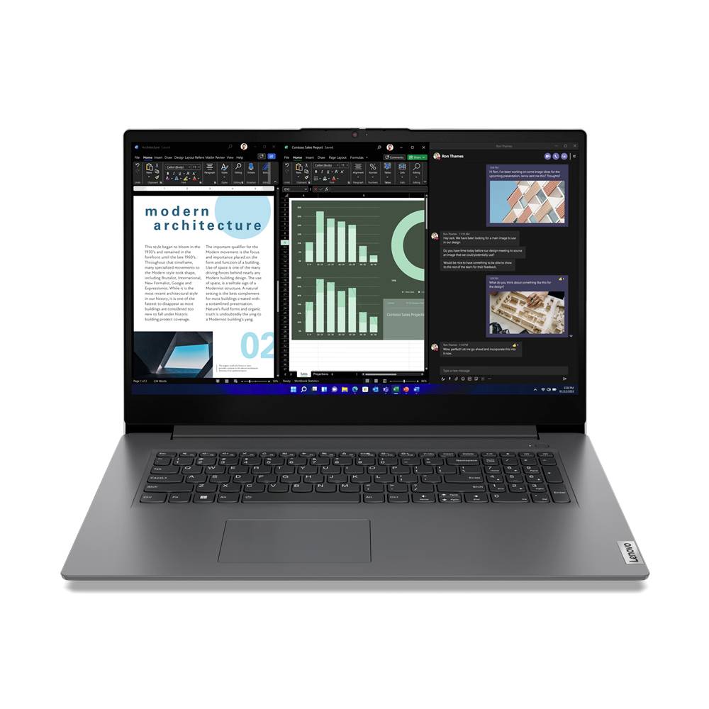 Ein Laptop, der drei nebeneinander angeordnete Fenster anzeigt: ein Dokument zu 