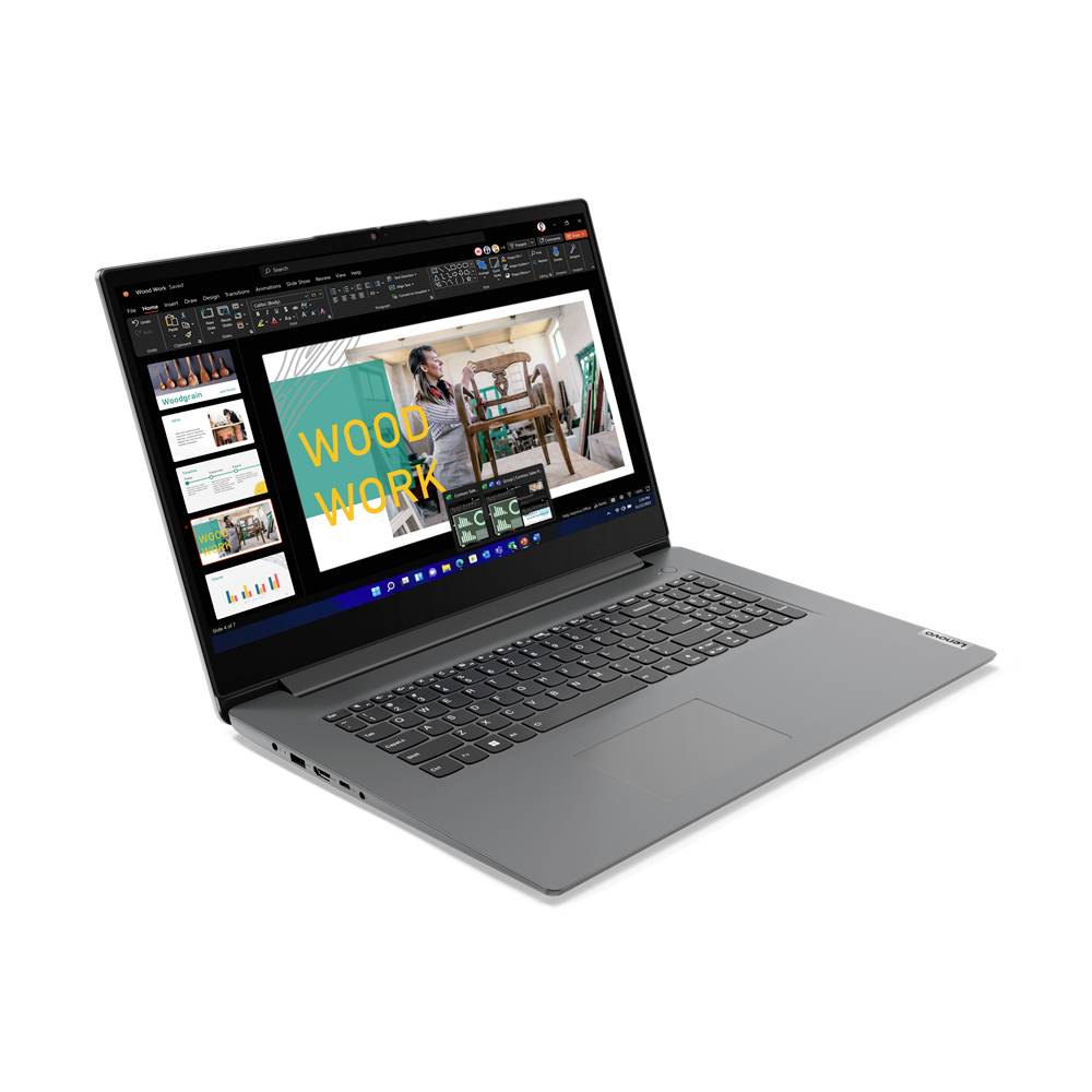 Ein Laptop zeigt einen Folienprä­sentations-Editor mit Miniaturansichten und einer Hauptfolie mit dem Titel "WOOD WORK", die eine Person bei der Möbelbearbeitung zeigt.