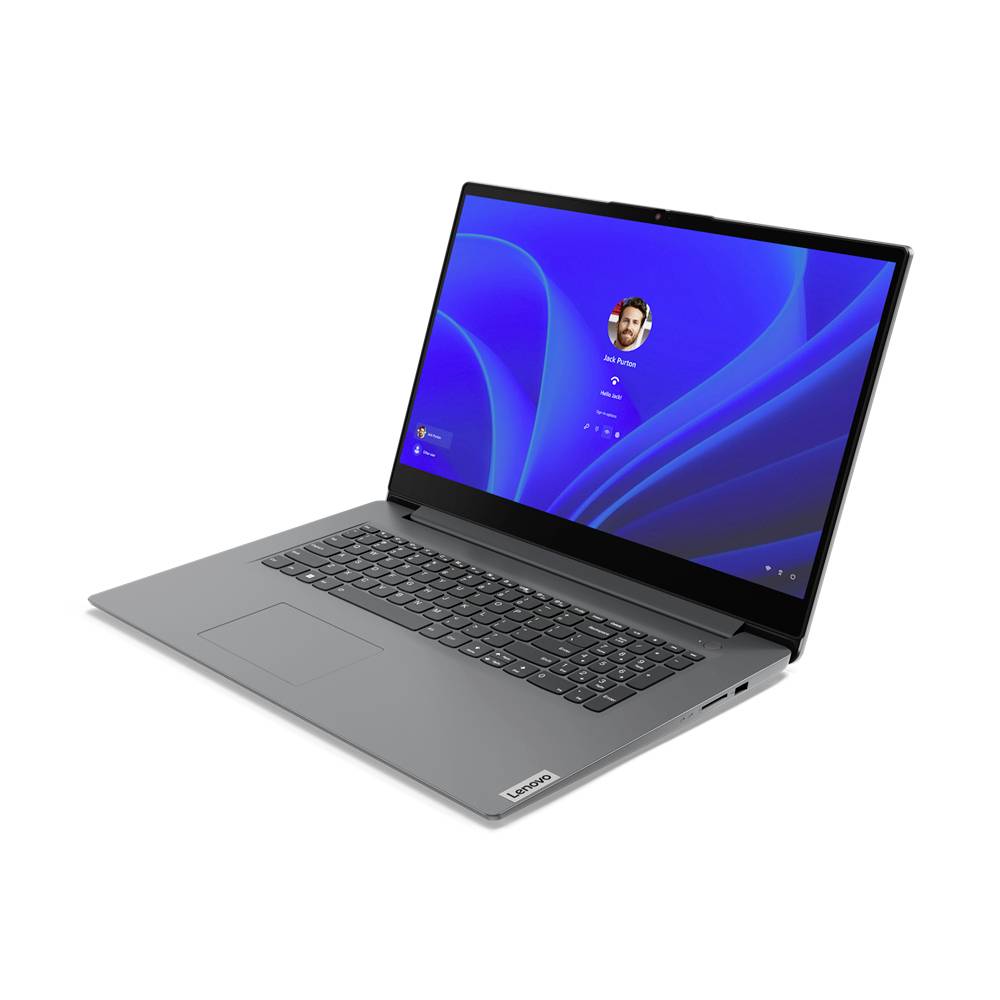 Silberner Lenovo-Laptop auf weißem Hintergrund geöffnet, zeigt einen blauen Windows-ähnlichen Anmeldebildschirm mit einem Benutzerprofilbild.