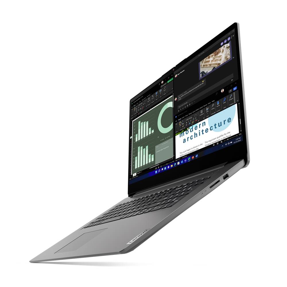 Silberner Laptop, schräg geöffnet dargestellt, mit mehreren Fenstern auf dem Bildschirm, die Diagramme und eine Design-Folie mit der Aufschrift „moderne Architektur" anzeigen.