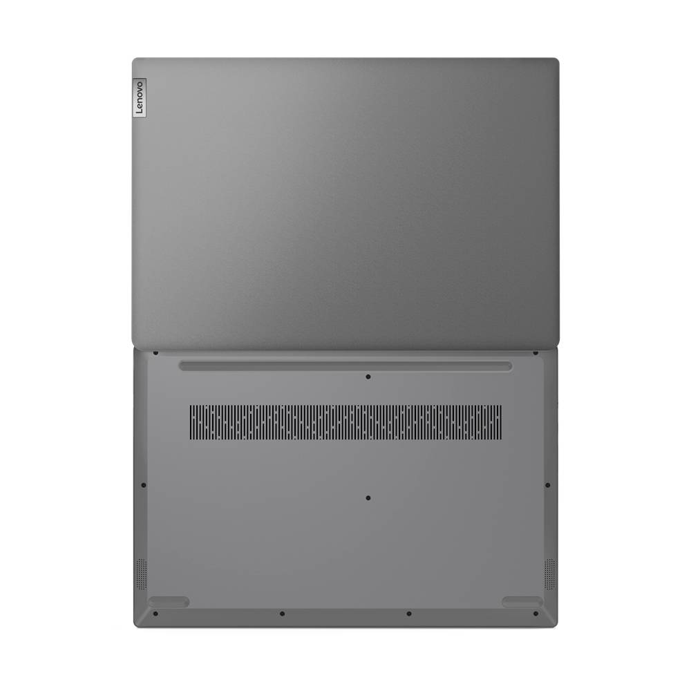 Draufsicht auf einen geschlossenen grauen Lenovo-Laptop, der den Deckel und die Unterseite mit Lüftungsschlitzen und Anschlüssen zeigt.