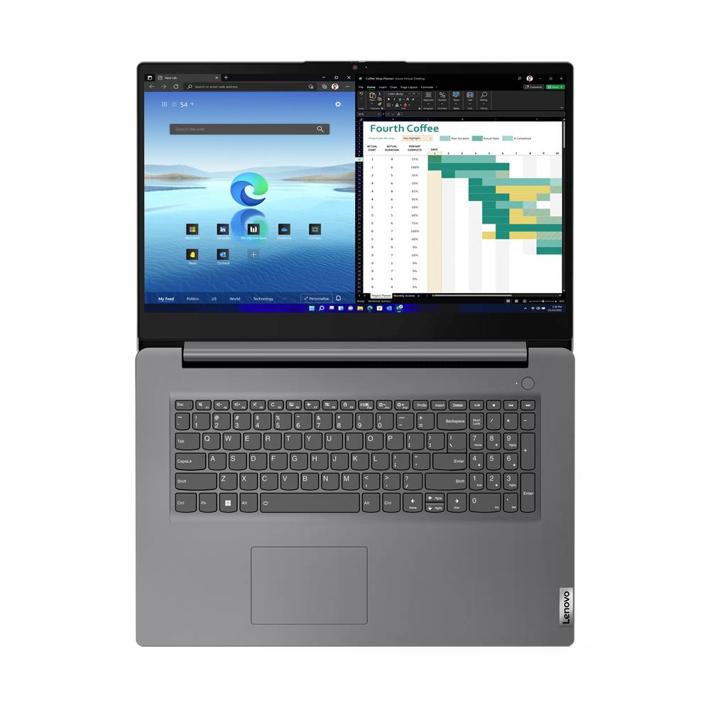 Draufsicht eines Lenovo-Laptops mit geteiltem Bildschirm zwischen einer Webbrowser-Startseite und einem Tabellenkalkulationsdiagramm mit dem Titel „Fourth Coffee".
