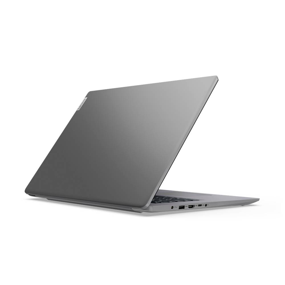 Grauer geschlossener Laptop in Profilansicht auf weißem Hintergrund, mit teilweise geöffnetem Bildschirm und sichtbaren Anschlüssen an der Seite.