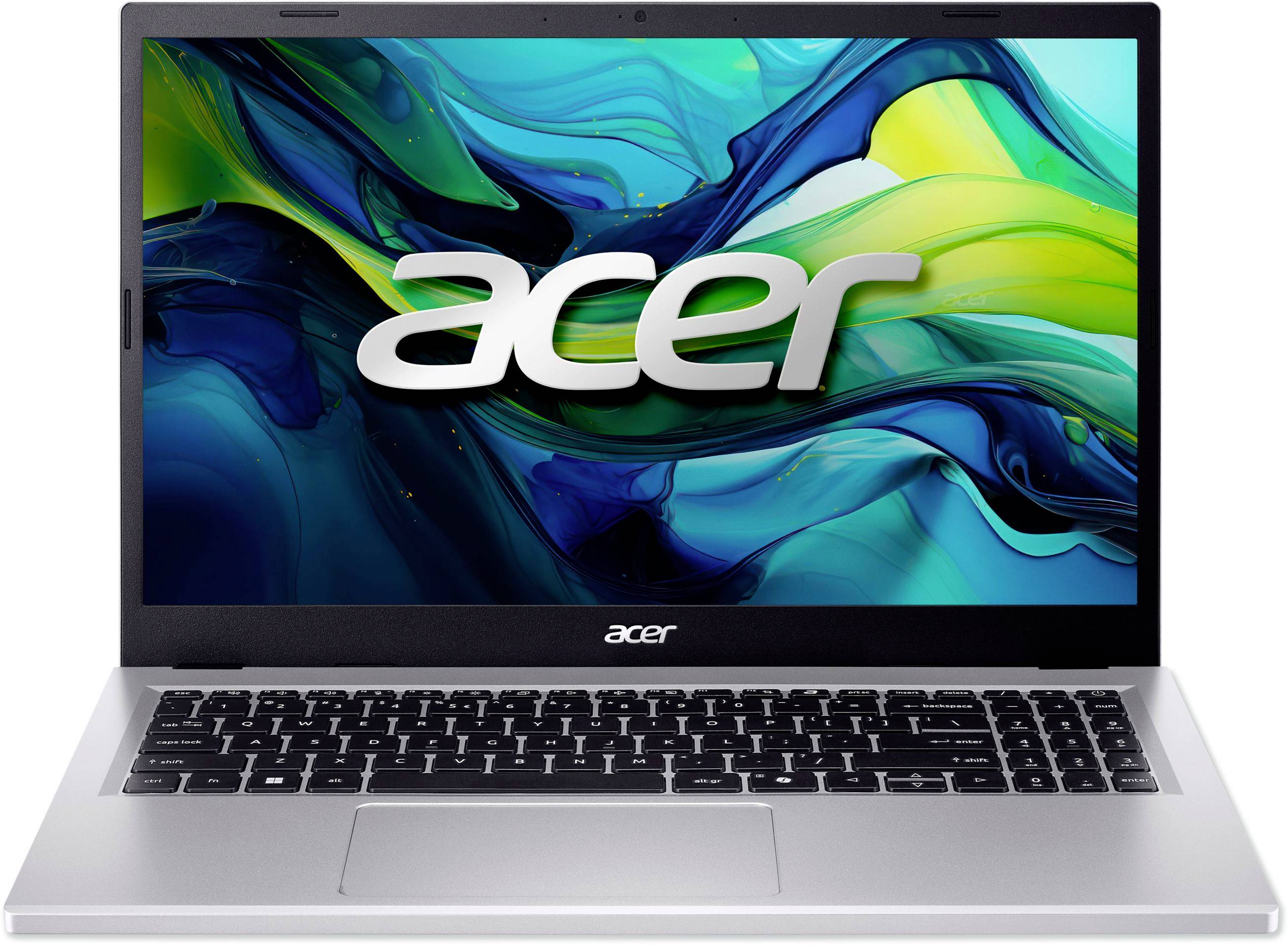 Acer-Laptop aufgeklappt, mit Acer-Logo auf dem Bildschirm und auf der unteren Blende über der Tastatur.