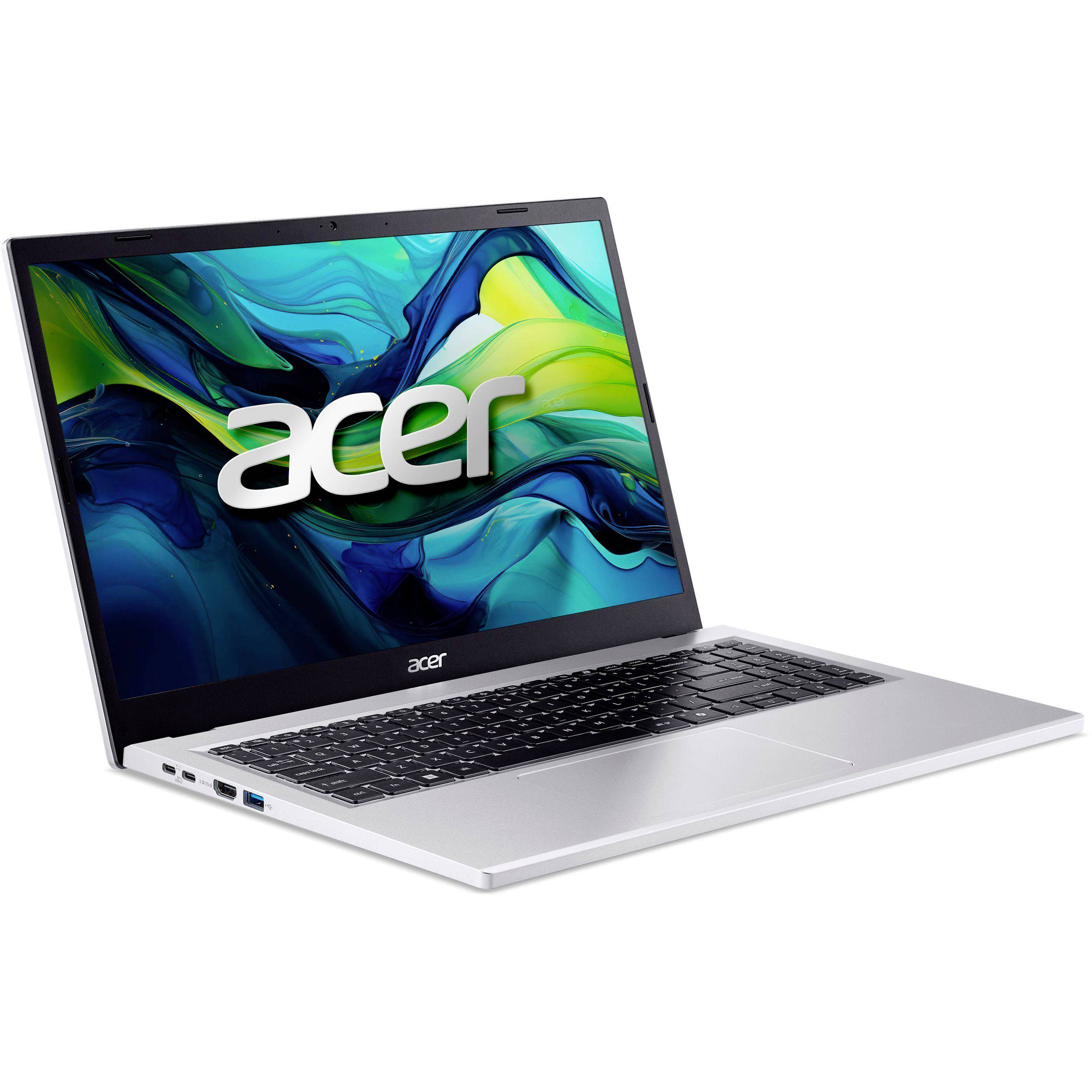 Acer-Laptop in einem Winkel geöffnet, zeigt das Acer-Logo auf einem farbenfrohen abstrakten Bildschirm und eine silberne Tastatureinheit.