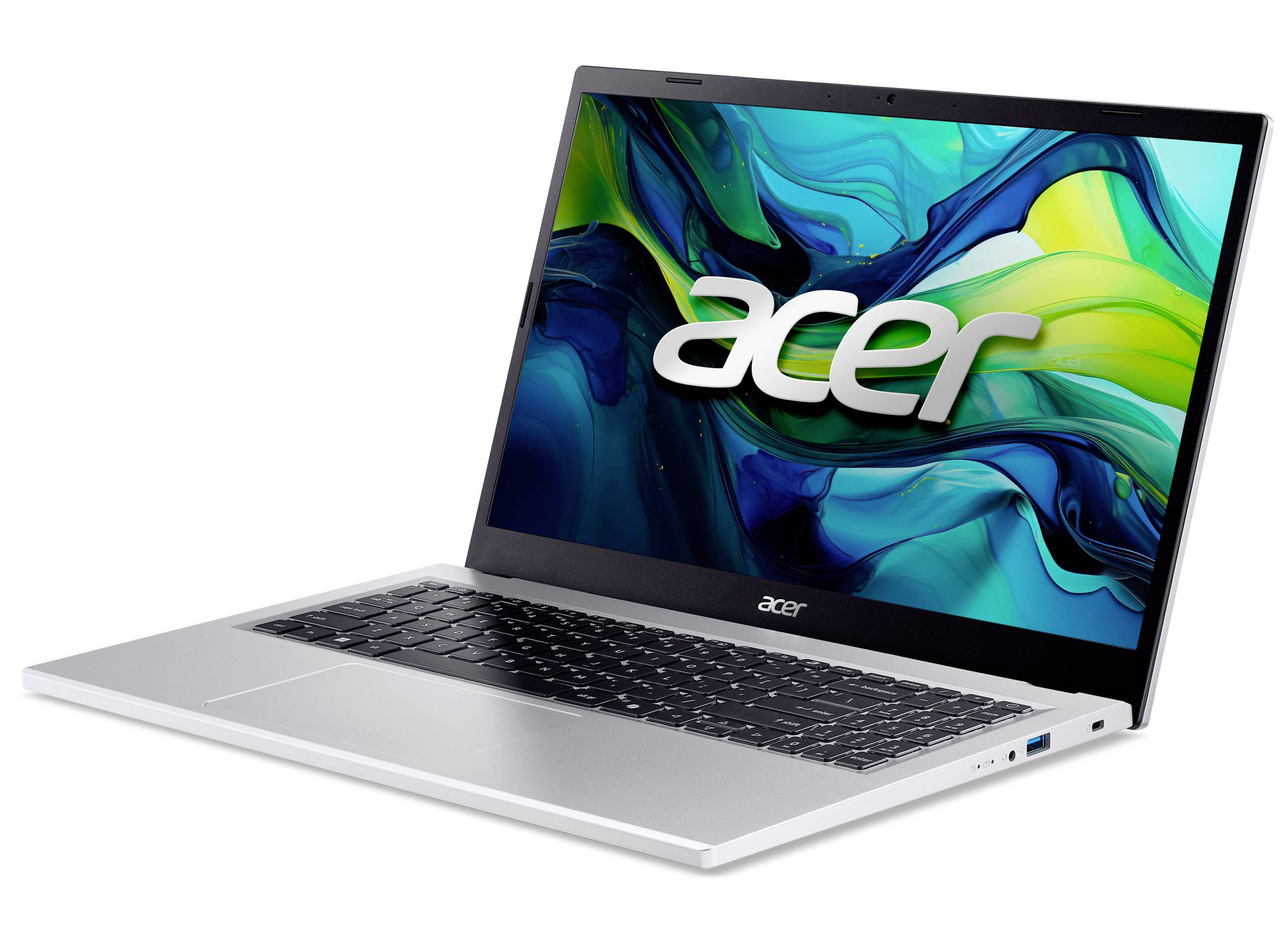 Silbernes Acer-Laptop auf weißem Hintergrund geöffnet, wobei das farbenfrohe Acer-Logo auf dem Bildschirm angezeigt wird.