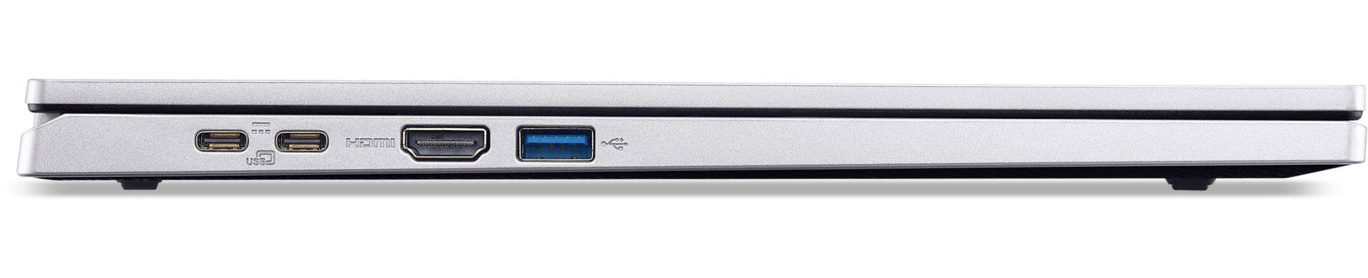 Seitenansicht der linken Kante eines silbernen Laptops mit zwei USB-C-Anschlüssen, einem HDMI-Anschluss und einem USB-A-Anschluss.