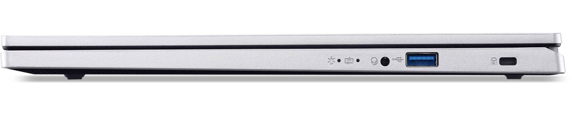 Seitenansicht eines silbernen Laptops, die das dünne geschlossene Profil mit Anschlüssen an der rechten Kante zeigt.